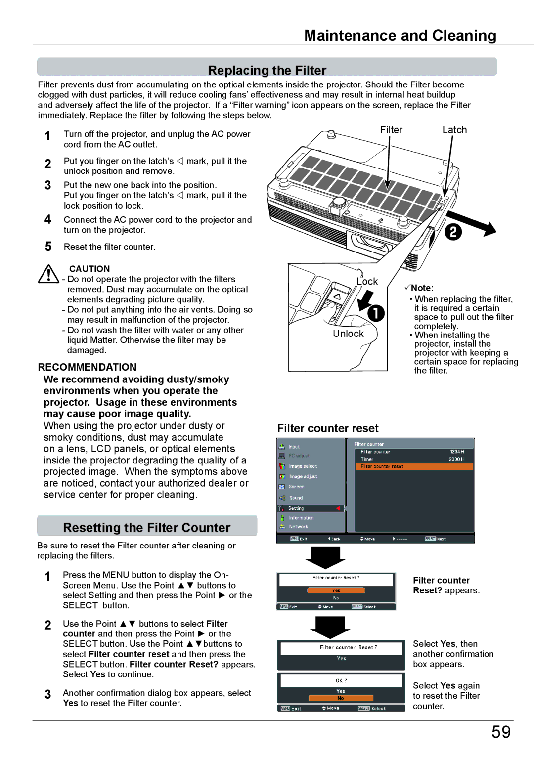 Eiki LC-XBM31 Maintenance and Cleaning, Replacing the Filter, Resetting the Filter Counter, Filter counter reset 