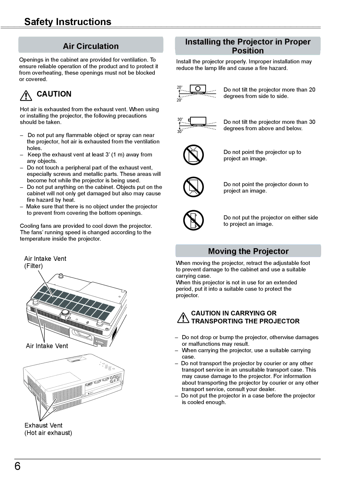 Eiki LC-XBM31 Safety Instructions, Air Circulation, Installing the Projector in Proper Position, Moving the Projector 