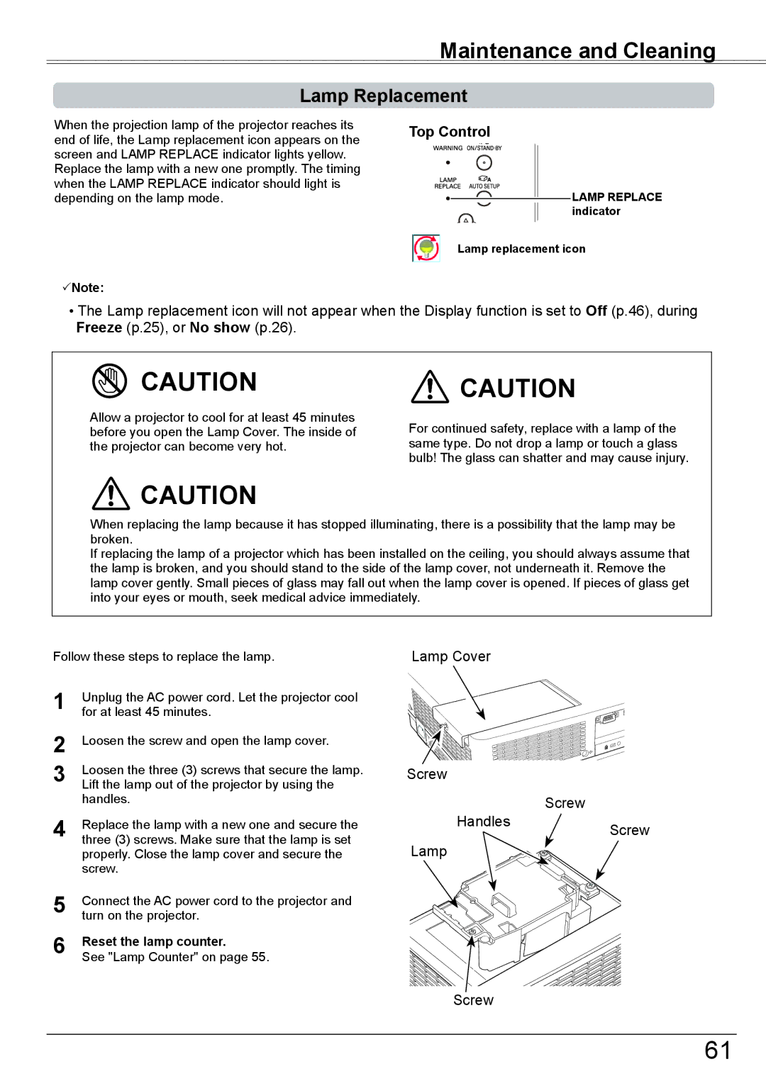 Eiki LC-XBM31 owner manual Lamp Replacement, Reset the lamp counter 