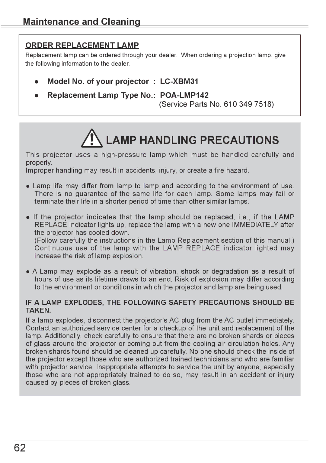 Eiki LC-XBM31 owner manual Lamp Handling Precautions 