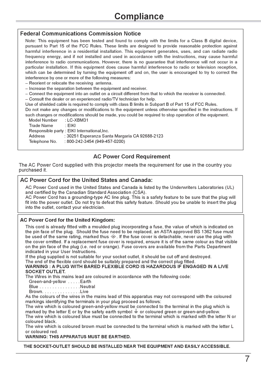 Eiki LC-XBM31 owner manual Compliance, Federal Communications Commission Notice, AC Power Cord Requirement 