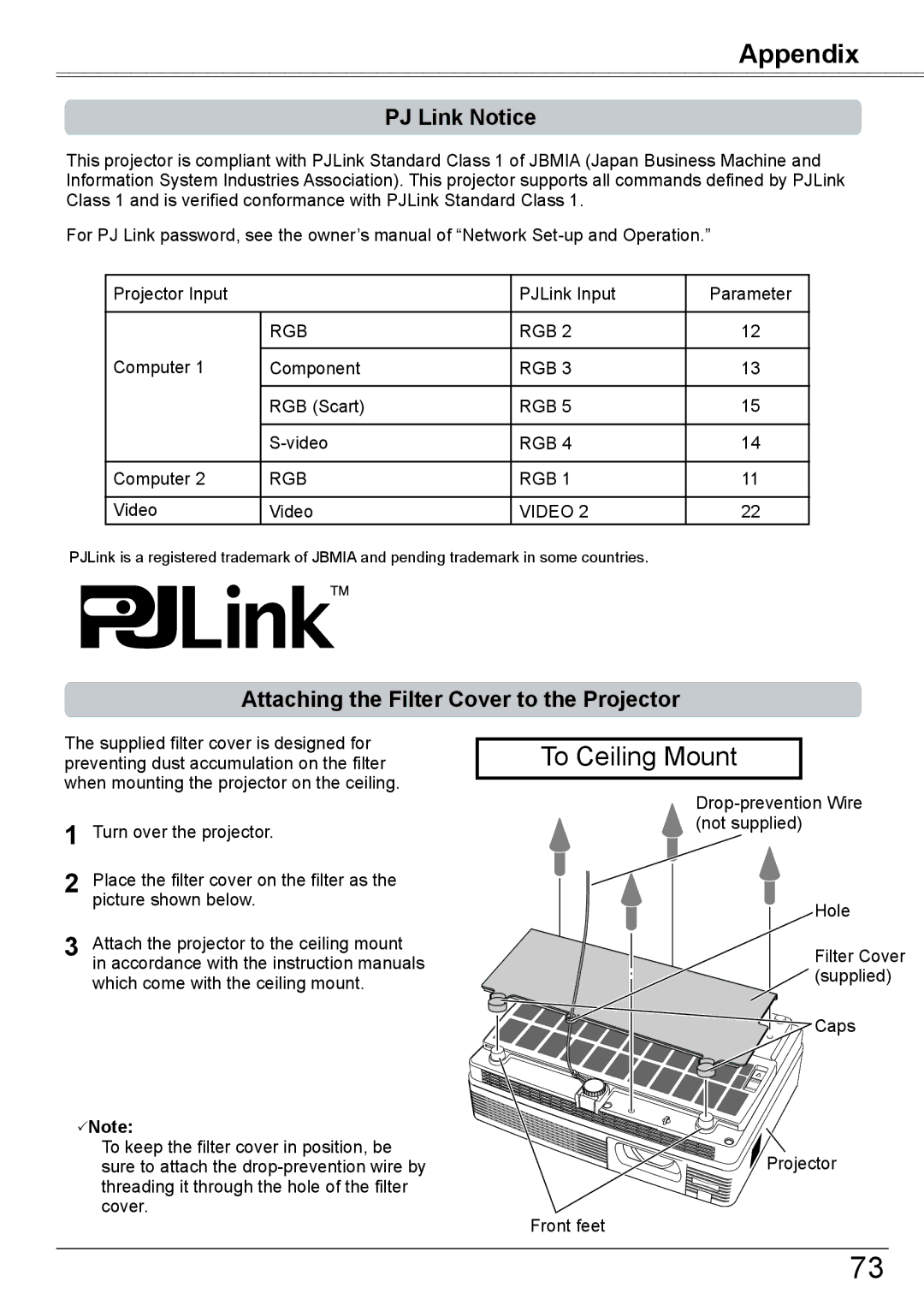 Eiki LC-XBM31 owner manual PJ Link Notice, Attaching the Filter Cover to the Projector 