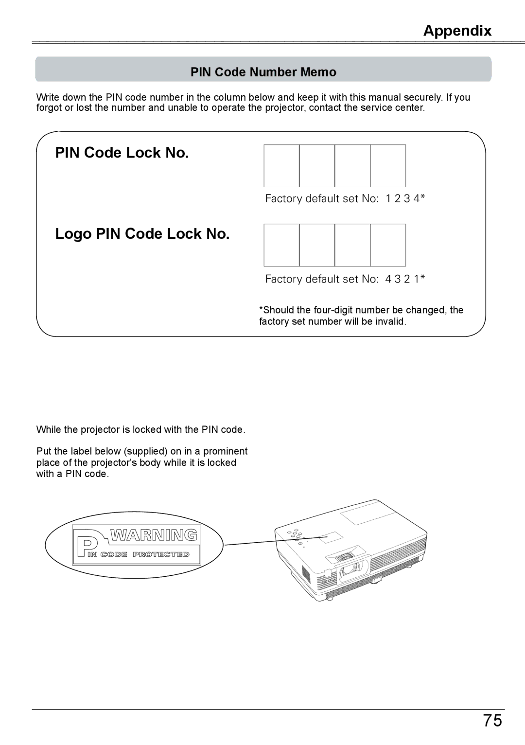 Eiki LC-XBM31 owner manual Logo PIN Code Lock No, PIN Code Number Memo 