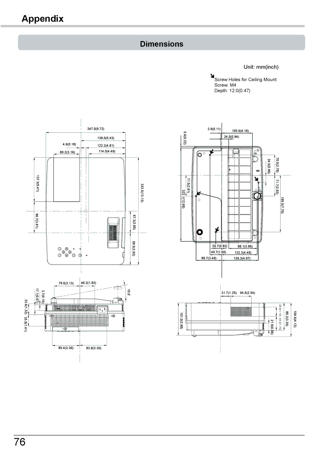 Eiki LC-XBM31 owner manual Dimensions, Unit mminch 