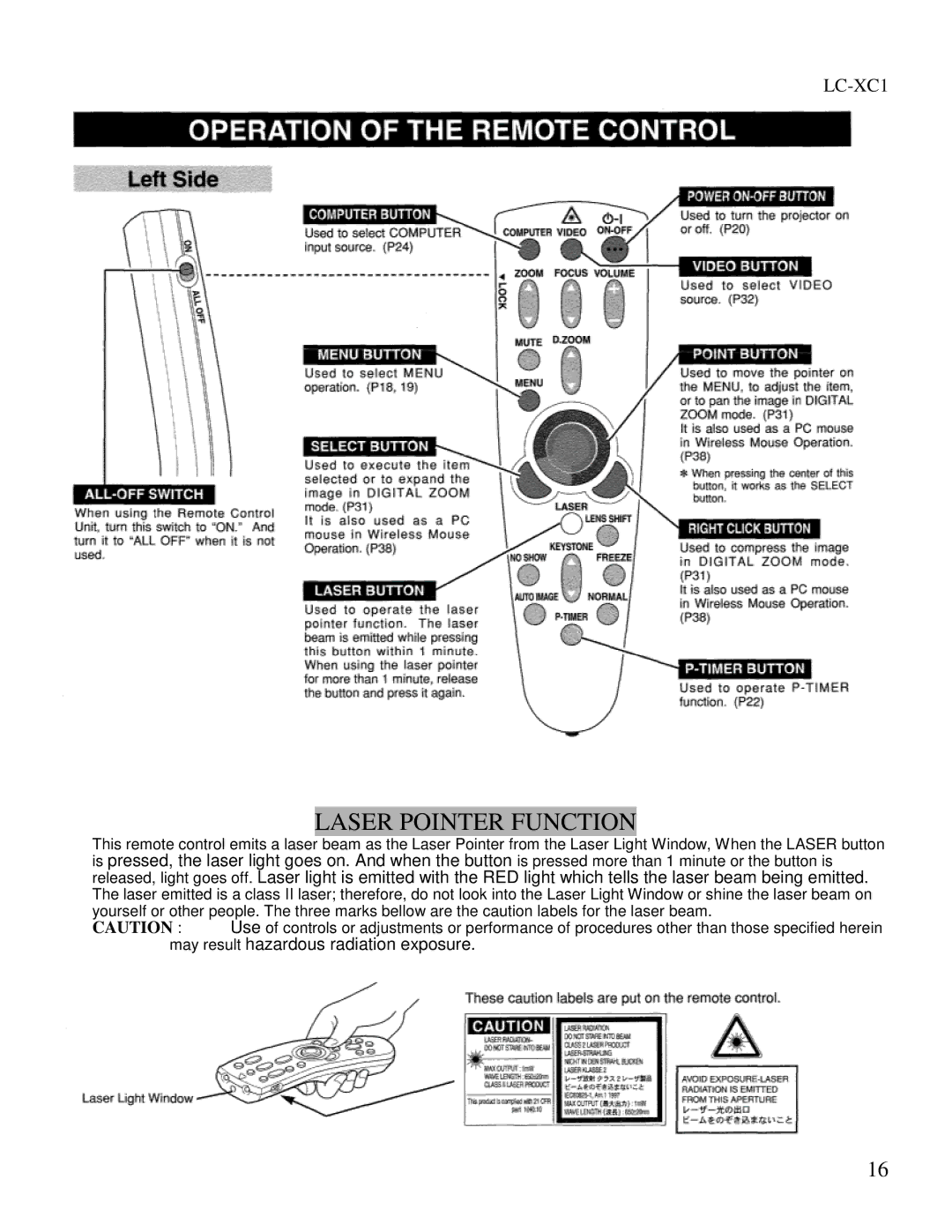 Eiki LC-XC1 owner manual Laser Pointer Function 