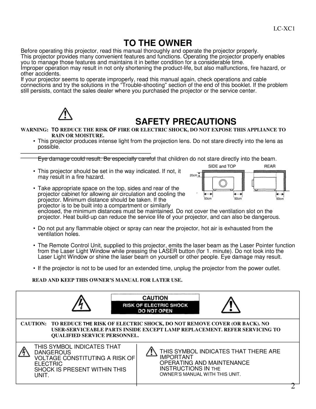 Eiki LC-XC1 owner manual To the Owner 