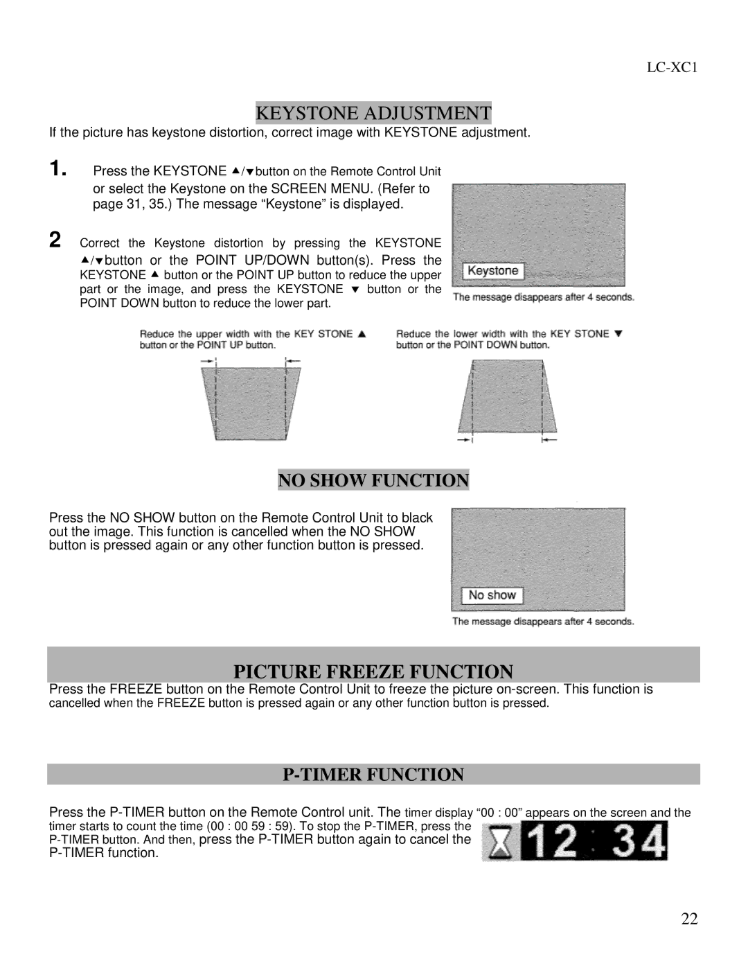 Eiki LC-XC1 Keystone Adjustment, Picture Freeze Function, ∀button or the Point UP/DOWN buttons. Press, Timer function 