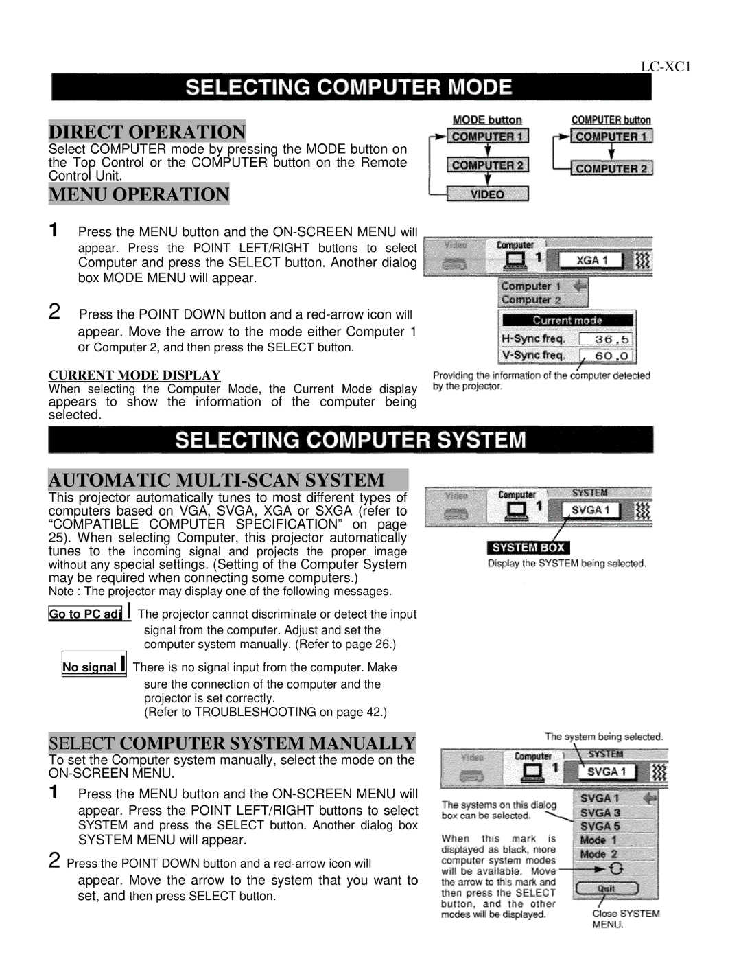 Eiki LC-XC1 Automatic MULTI-SCAN System, To set the Computer system manually, select the mode on, System Menu will appear 