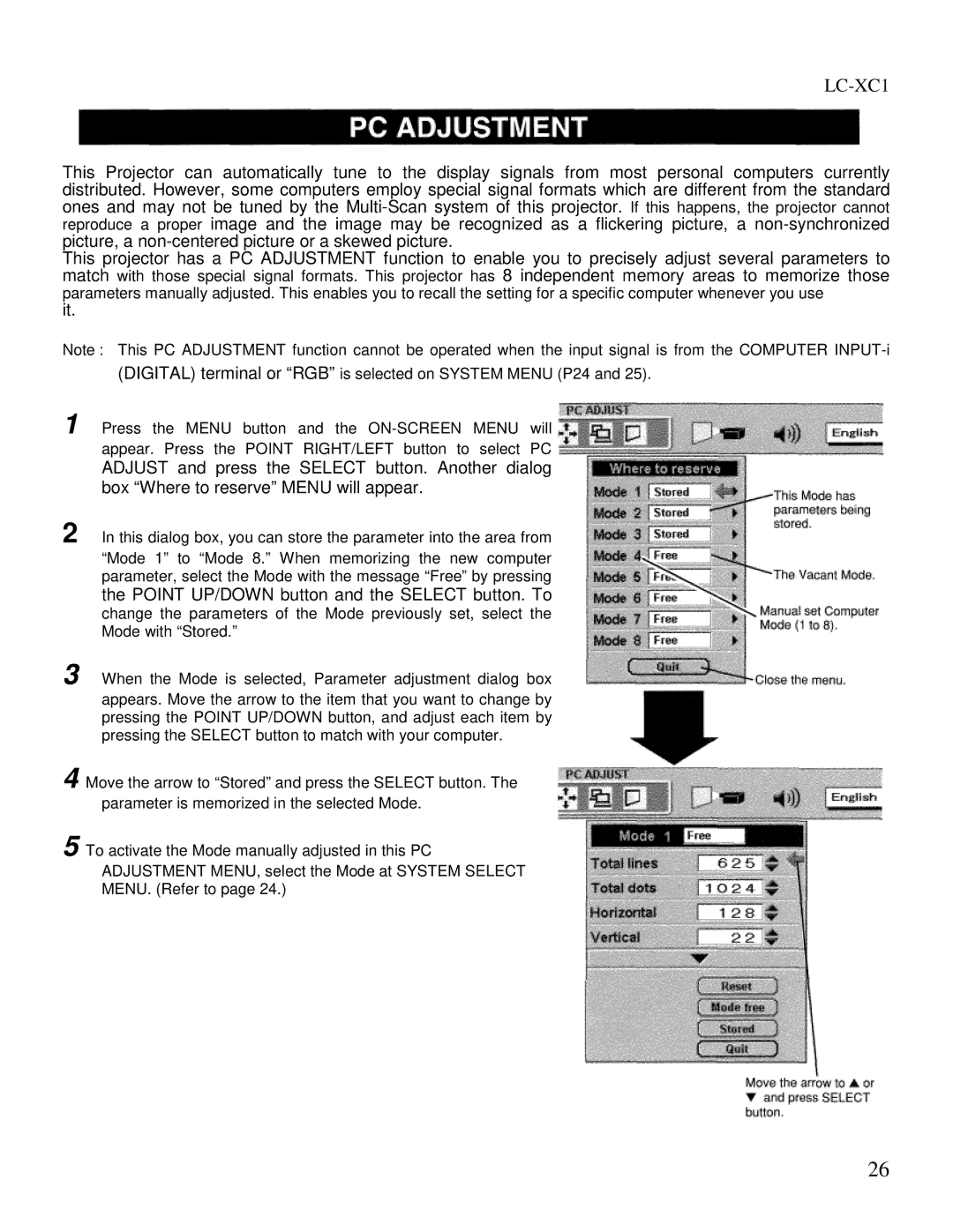 Eiki LC-XC1 owner manual Point UP/DOWN button and the Select button. To 