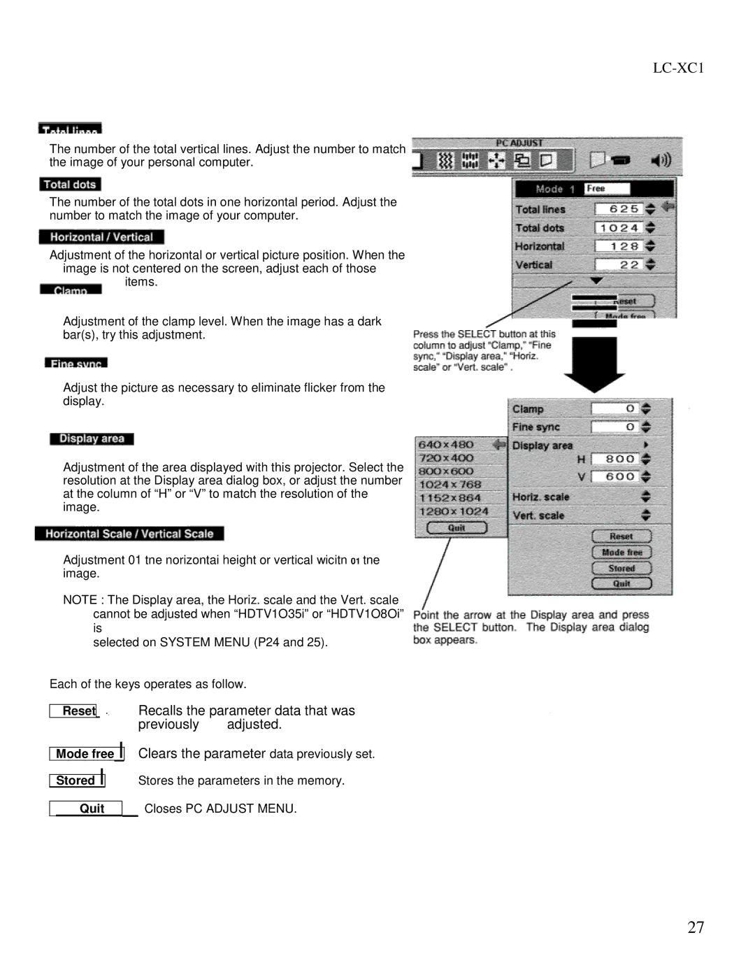 Eiki LC-XC1 owner manual Reset Mode free Stored Quit 