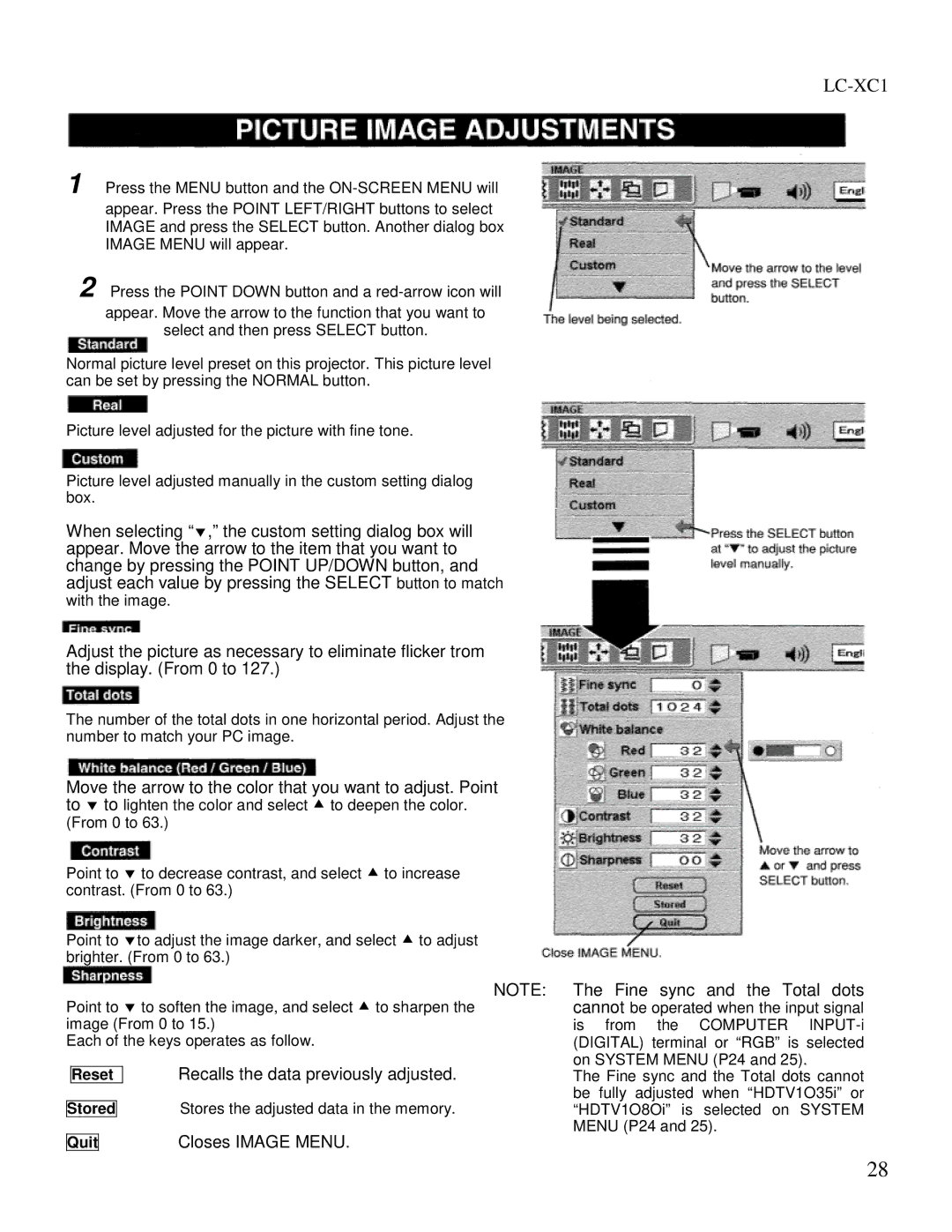 Eiki LC-XC1 Recalls the data previously adjusted, Closes Image Menu, Reset, Stores the adjusted data in the memory 