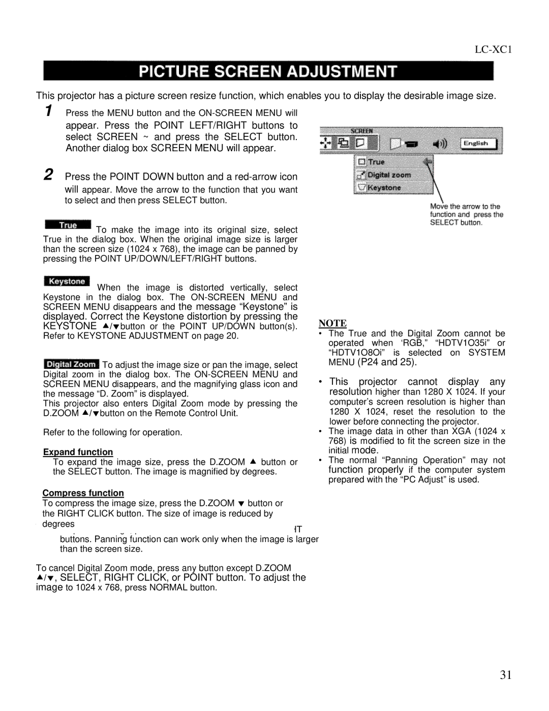 Eiki LC-XC1 Displayed. Correct the Keystone distortion by pressing, Menu P24, This projector cannot display any 