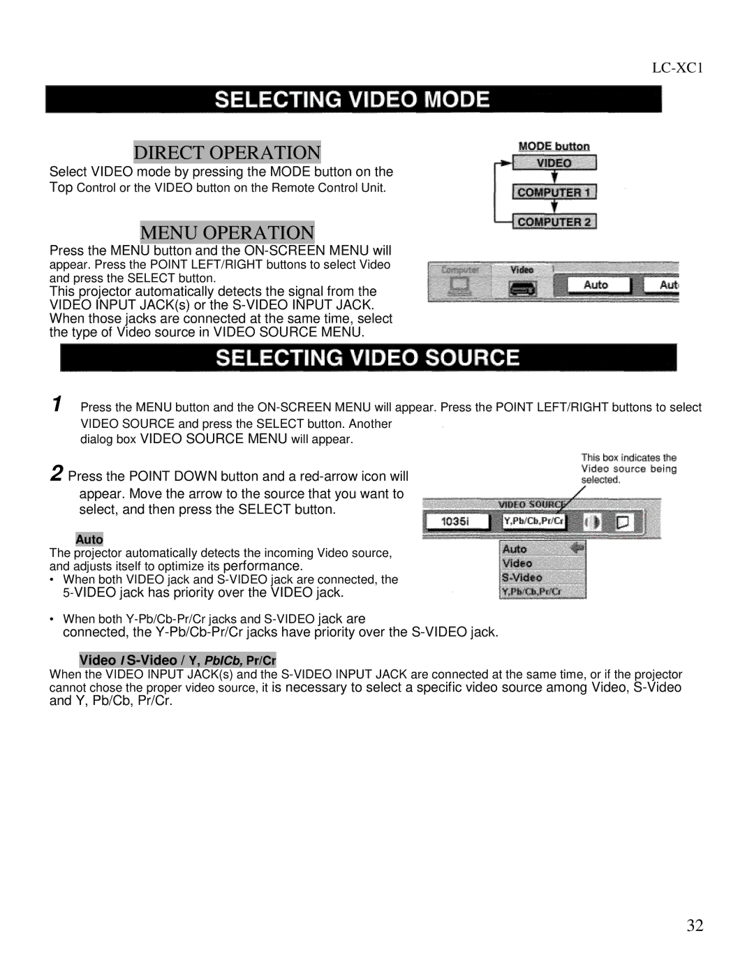 Eiki LC-XC1 owner manual Direct Operation, Menu Operation, Video I S-Video / Y, PbICb, Pr/Cr 