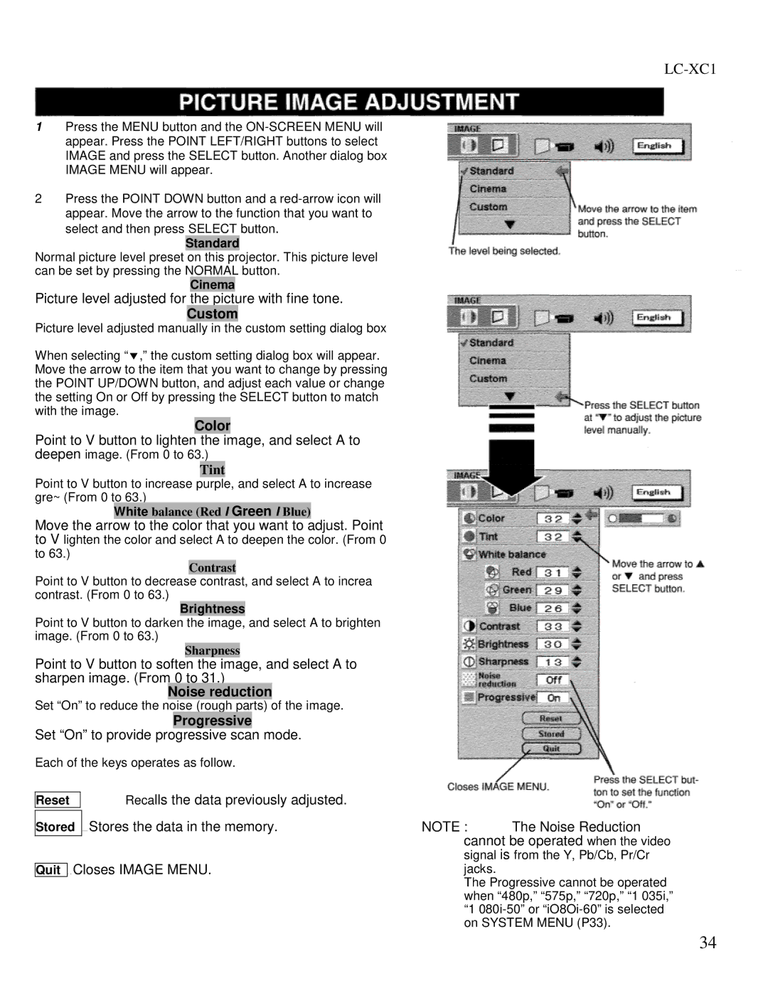 Eiki LC-XC1 owner manual Custom, Color, Noise reduction, Progressive 