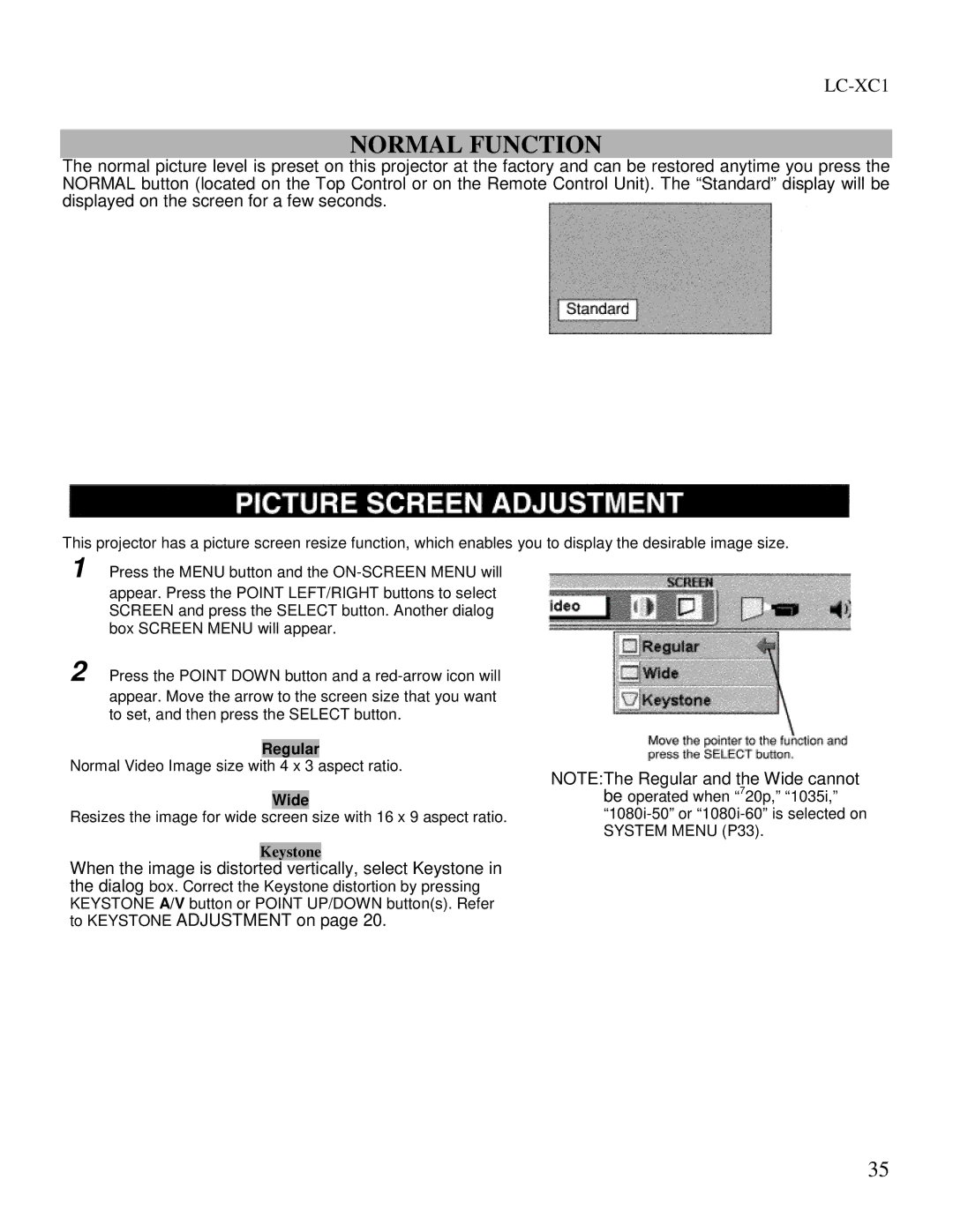 Eiki LC-XC1 owner manual Regular, Wide 