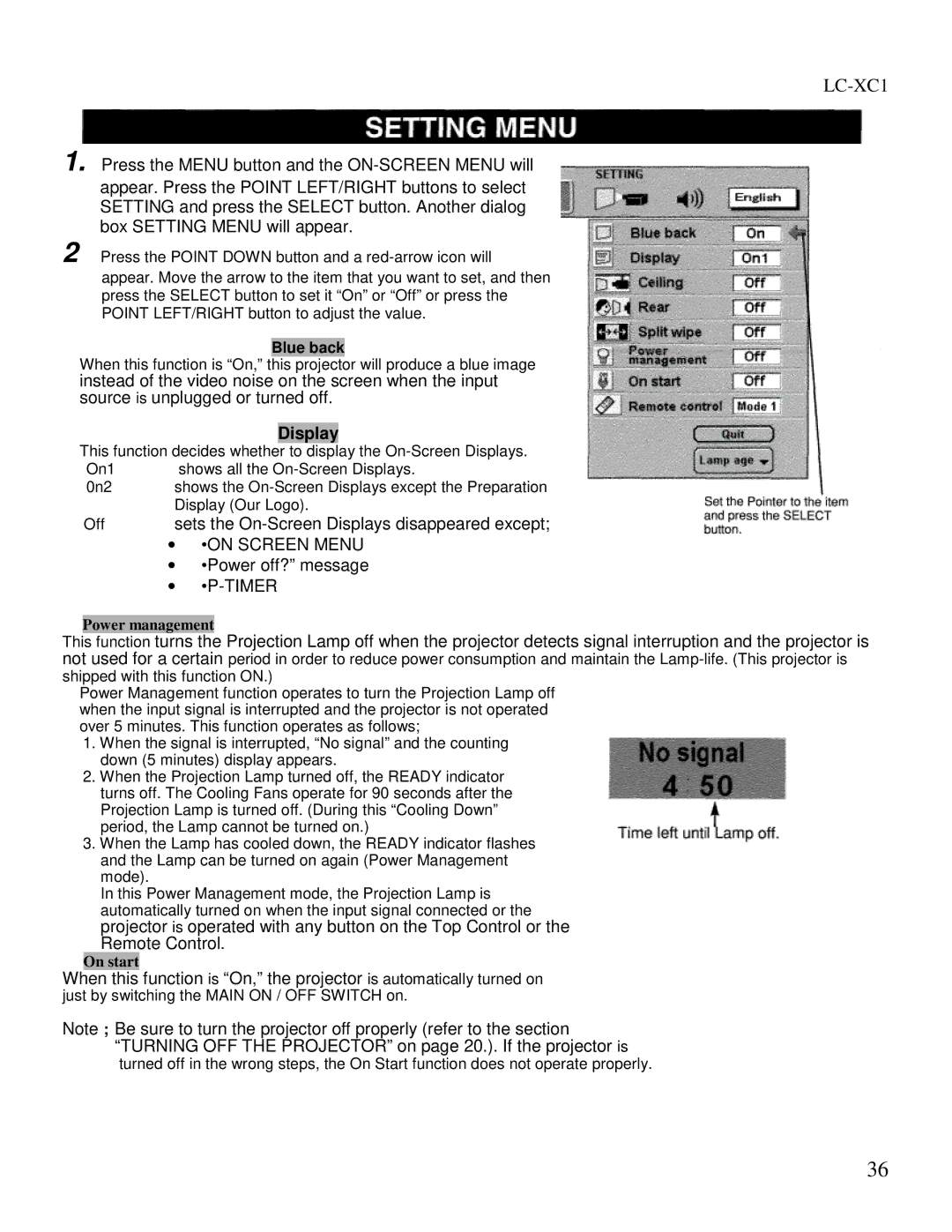 Eiki LC-XC1 owner manual Display, Power off? message, Blue back 