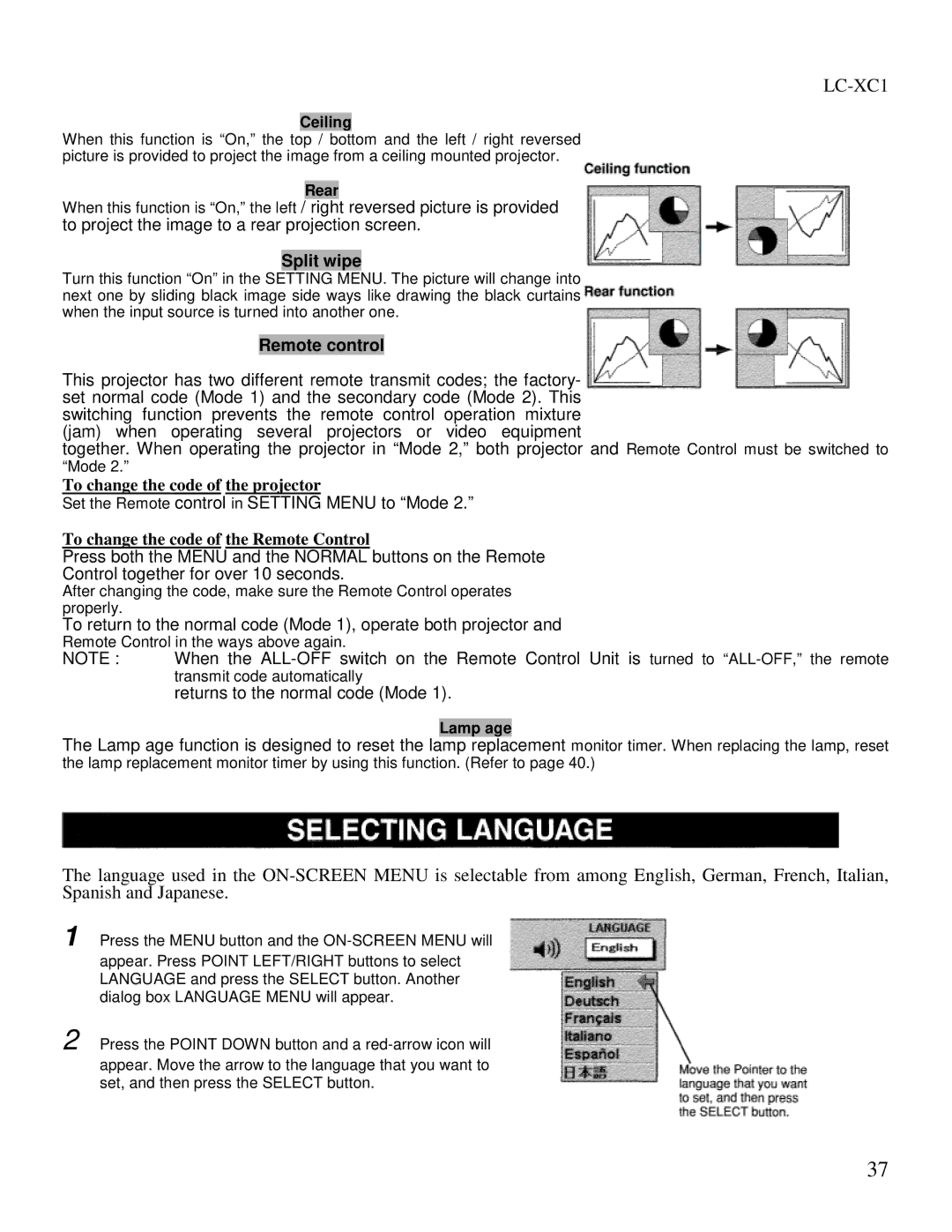 Eiki LC-XC1 owner manual Split wipe, Set the Remote control in Setting Menu to Mode, Returns to the normal code Mode 