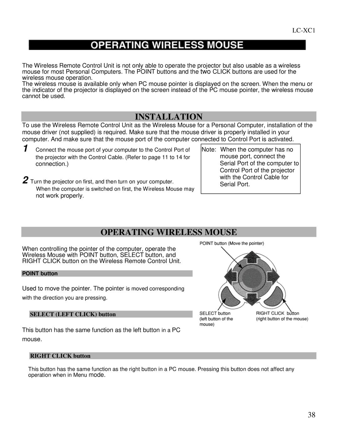 Eiki LC-XC1 owner manual Installation, Operating Wireless Mouse, Connection, Not work properly, Point button 