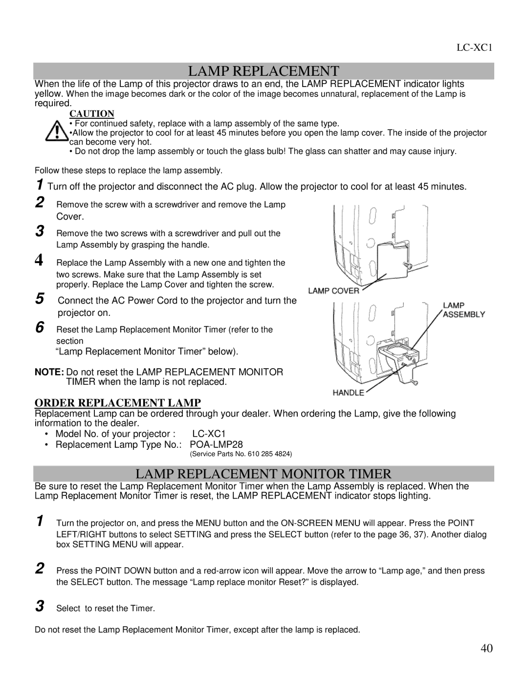 Eiki LC-XC1 owner manual Lamp Replacement Monitor Timer, Cover 