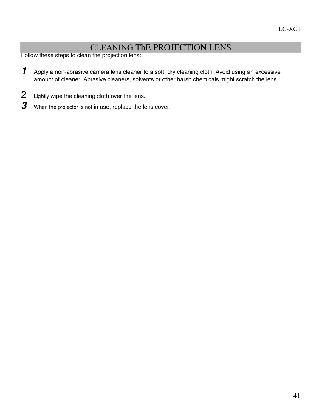 Eiki LC-XC1 owner manual Cleaning ThE Projection Lens 