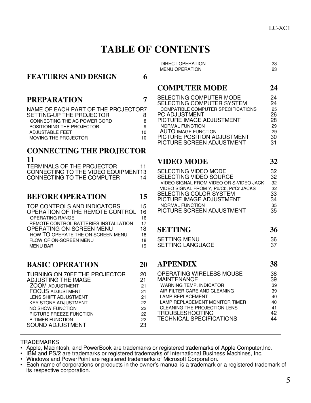 Eiki LC-XC1 owner manual Table of Contents 