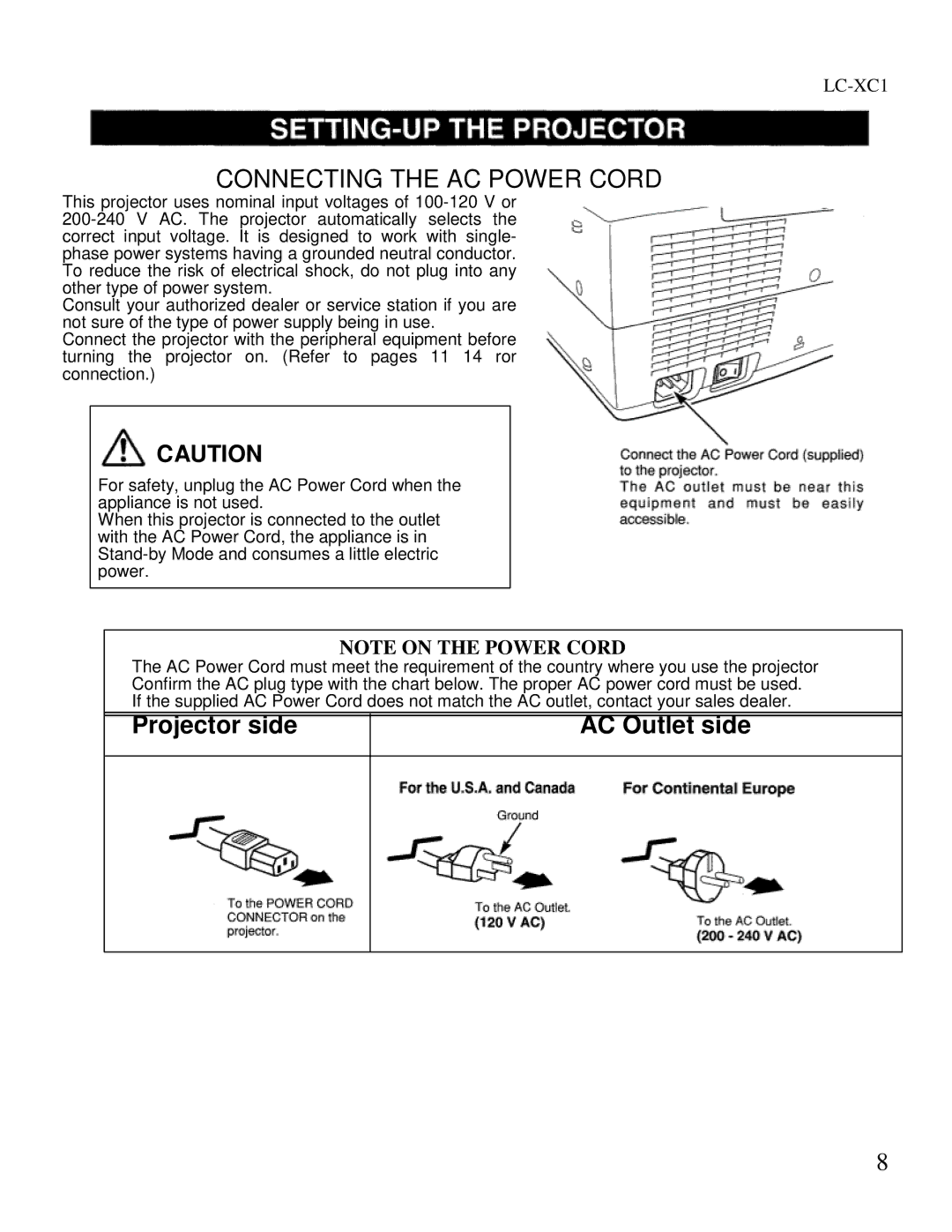 Eiki LC-XC1 owner manual Projector side AC Outlet side 