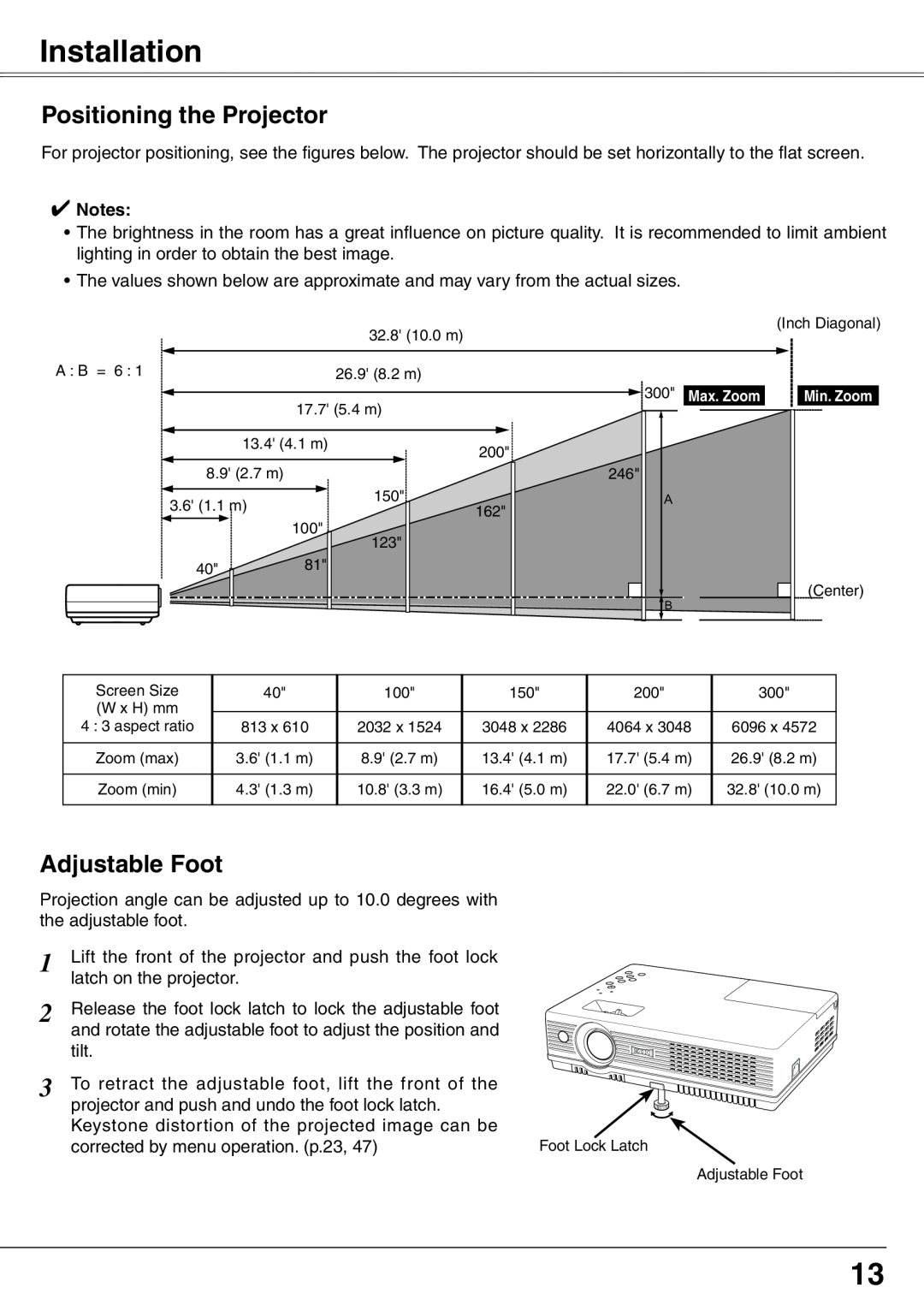 Eiki LC-XD25 owner manual Installation, Positioning the Projector, Adjustable Foot 