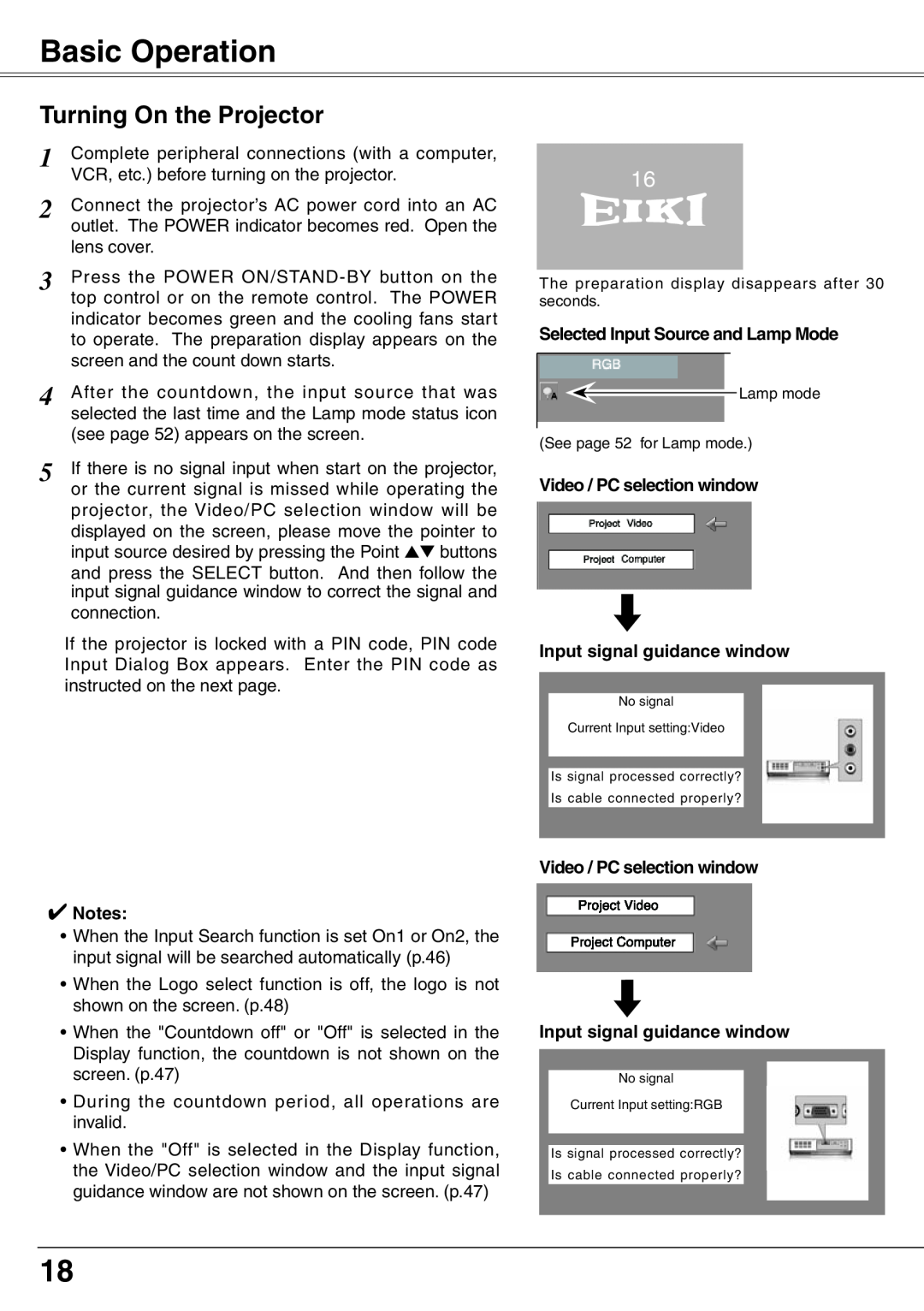 Eiki LC-XD25 owner manual Basic Operation, Turning On the Projector, Selected Input Source and Lamp Mode 