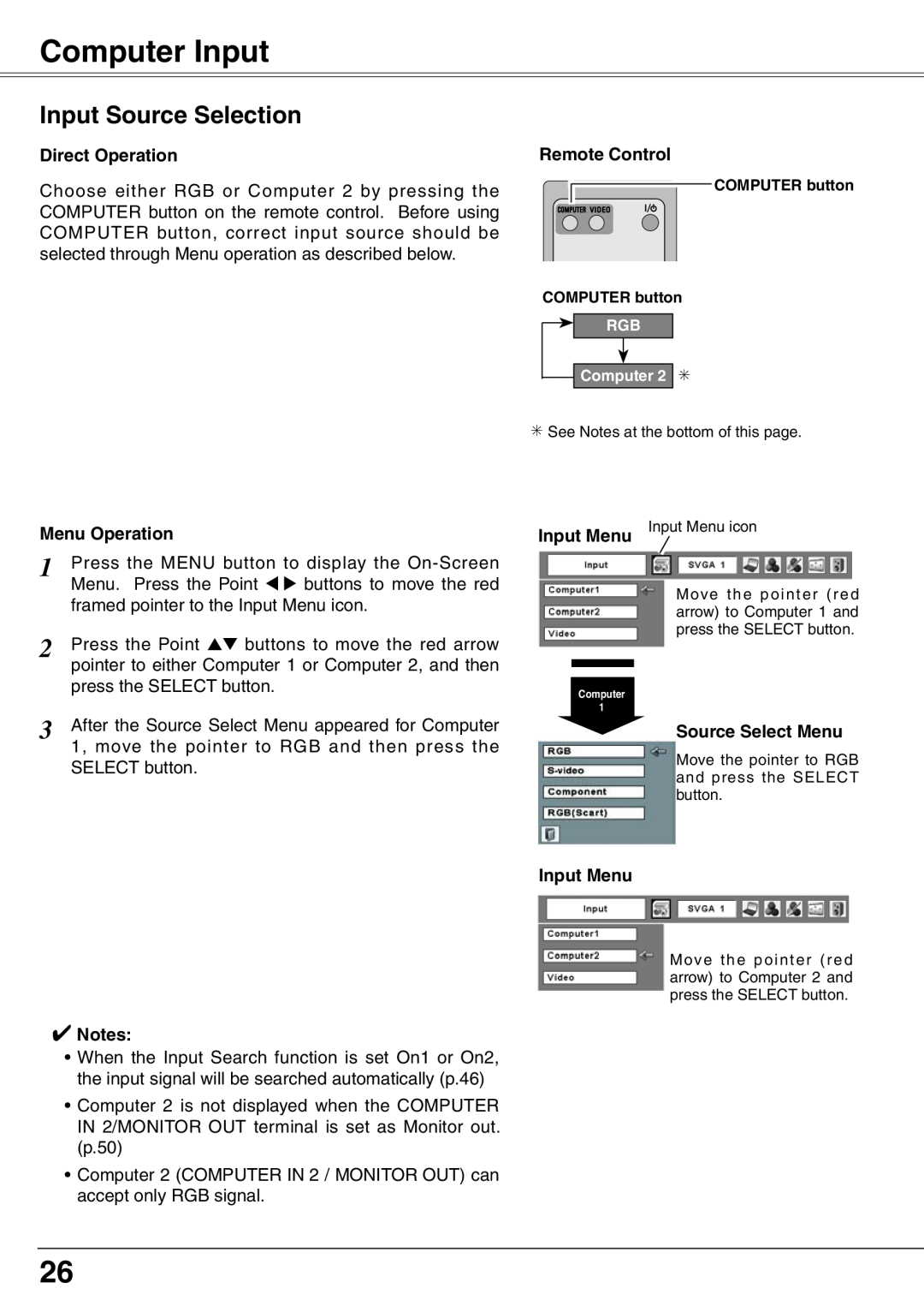 Eiki LC-XD25 Computer Input, Input Source Selection, Direct Operation, Menu Operation, Remote Control, Source Select Menu 