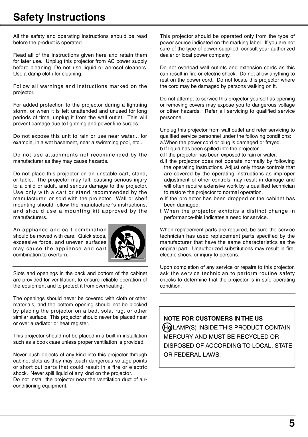 Eiki LC-XD25 owner manual Safety Instructions, Note For Customers In The Us 
