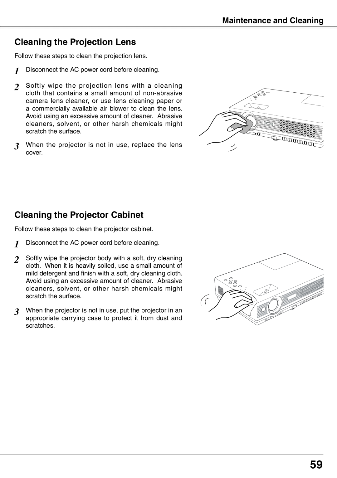 Eiki LC-XD25 owner manual Cleaning the Projection Lens, Cleaning the Projector Cabinet, Maintenance and Cleaning 