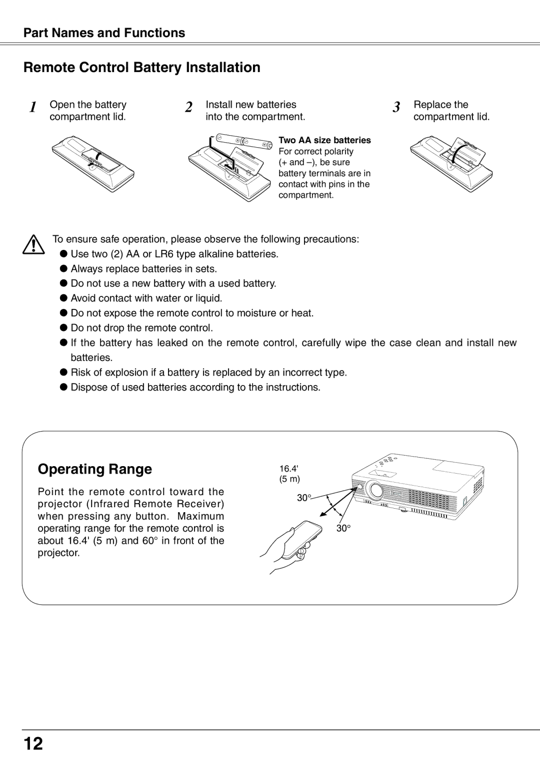 Eiki LC-XD25 owner manual Remote Control Battery Installation, Operating Range, Two AA size batteries 