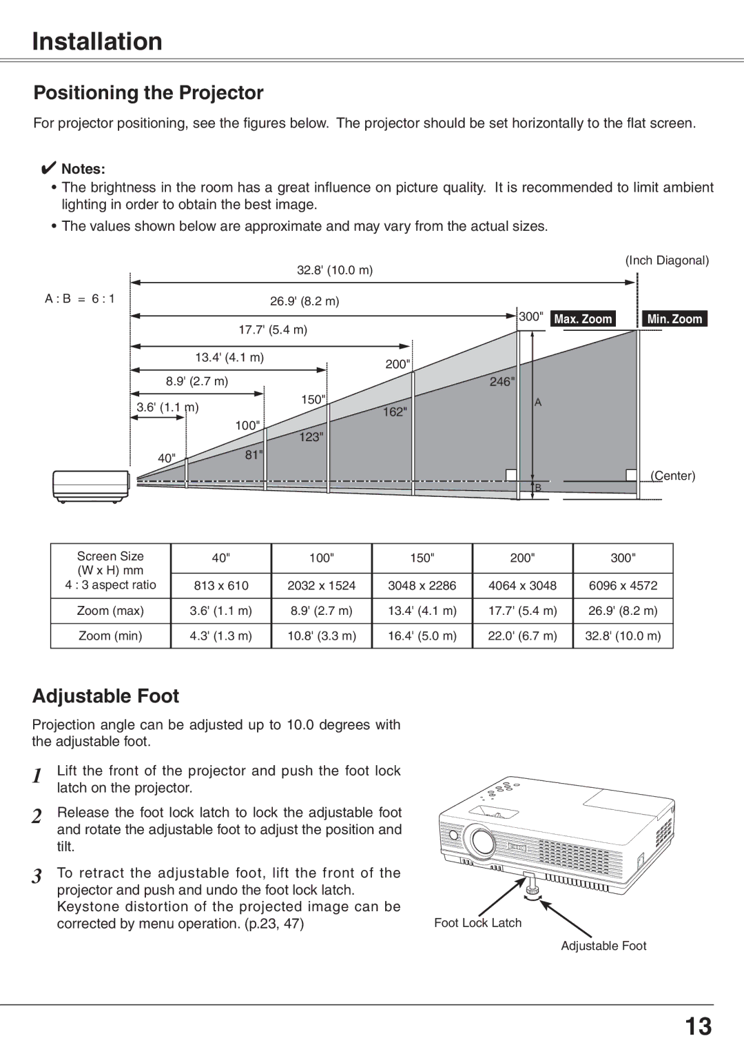 Eiki LC-XD25 owner manual Installation, Positioning the Projector, Adjustable Foot 