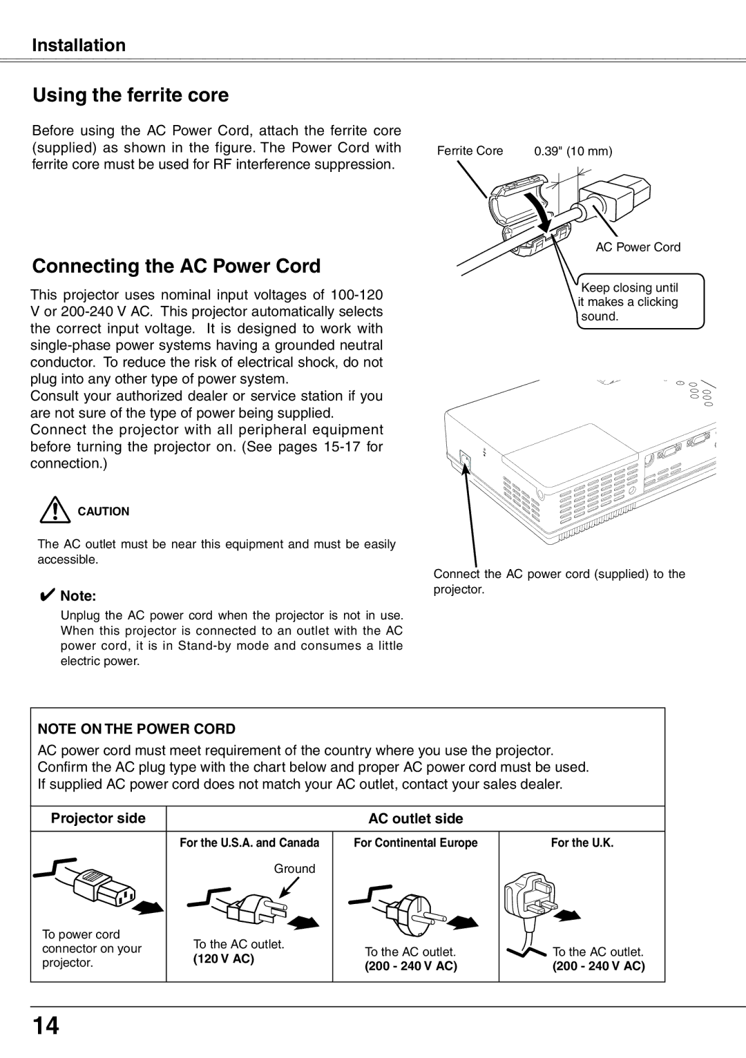 Eiki LC-XD25 owner manual Using the ferrite core, Connecting the AC Power Cord, Projector side 