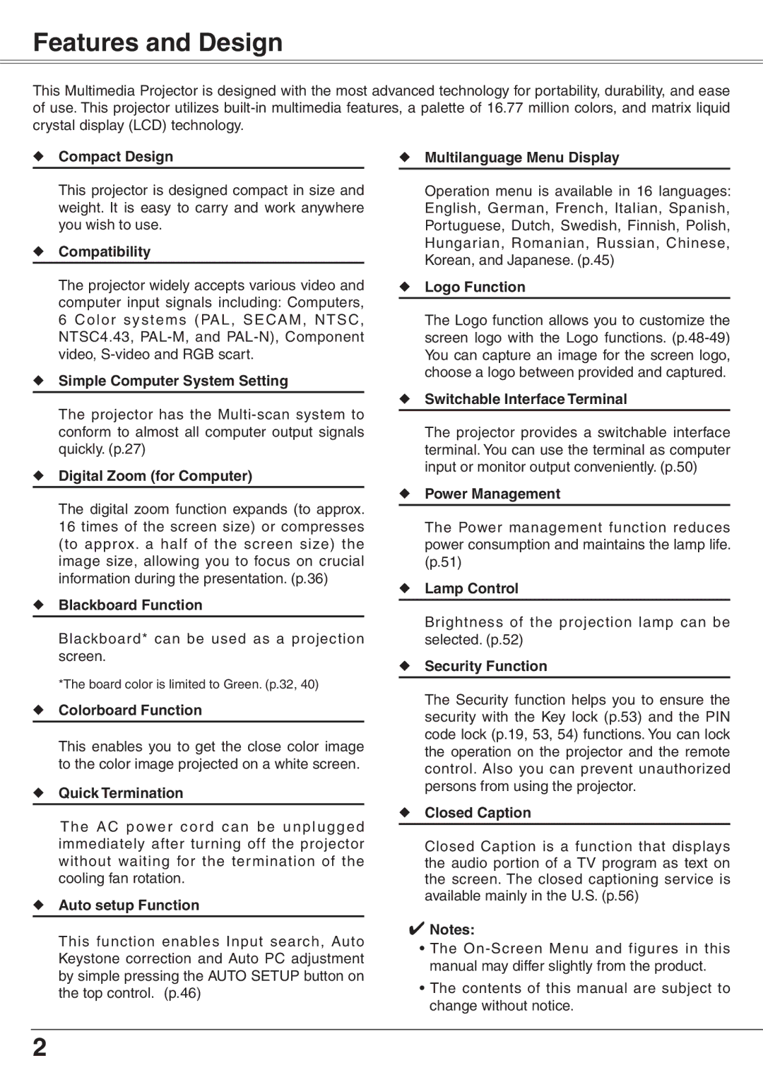 Eiki LC-XD25 owner manual Features and Design 