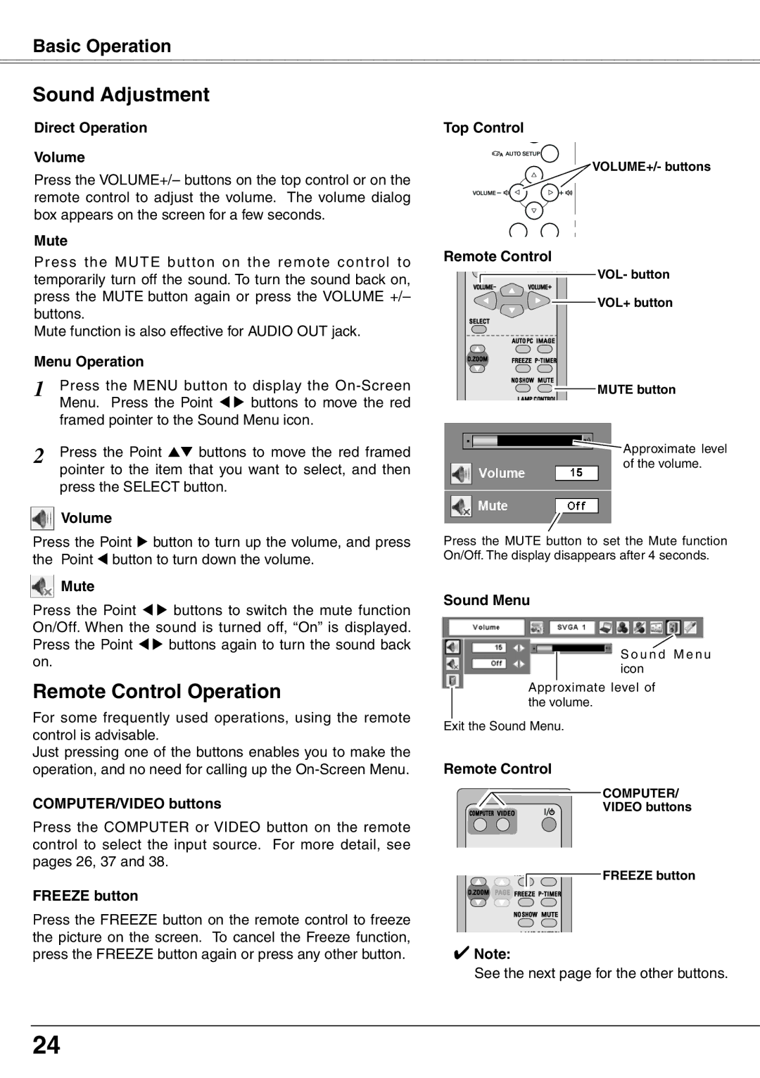 Eiki LC-XD25 owner manual Sound Adjustment, Remote Control Operation 