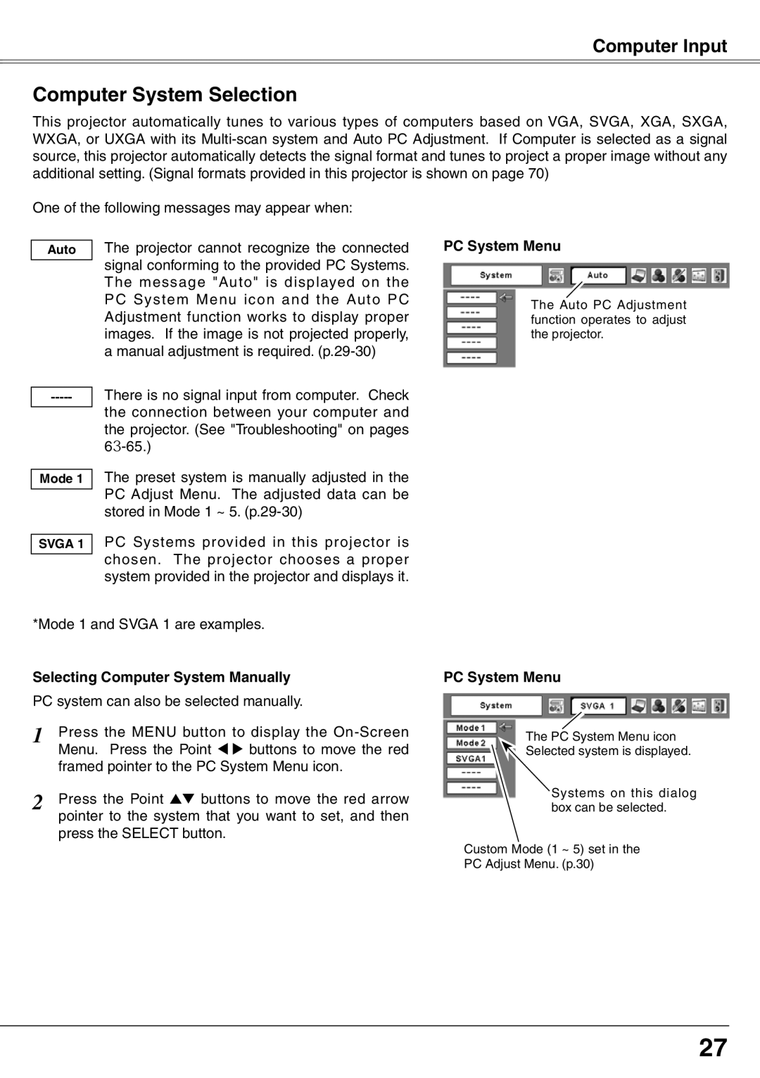 Eiki LC-XD25 owner manual Computer System Selection, PC System Menu, Selecting Computer System Manually 