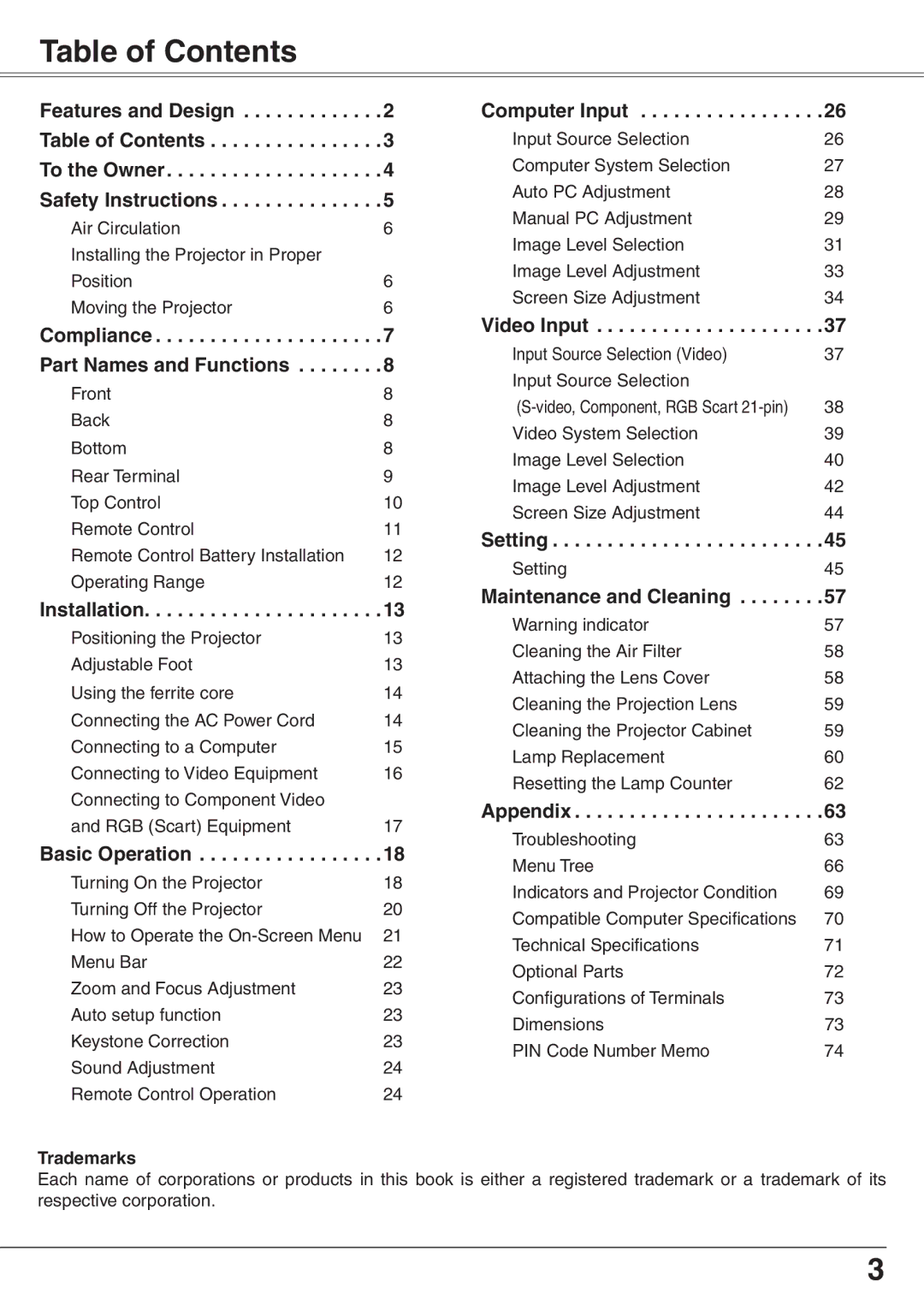 Eiki LC-XD25 owner manual Table of Contents 