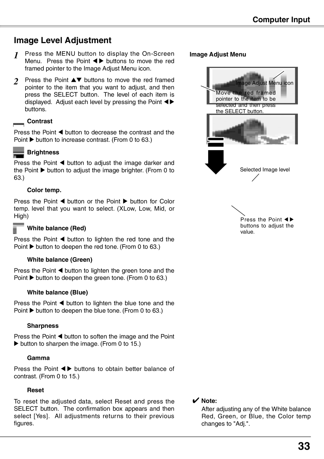 Eiki LC-XD25 owner manual Image Level Adjustment 