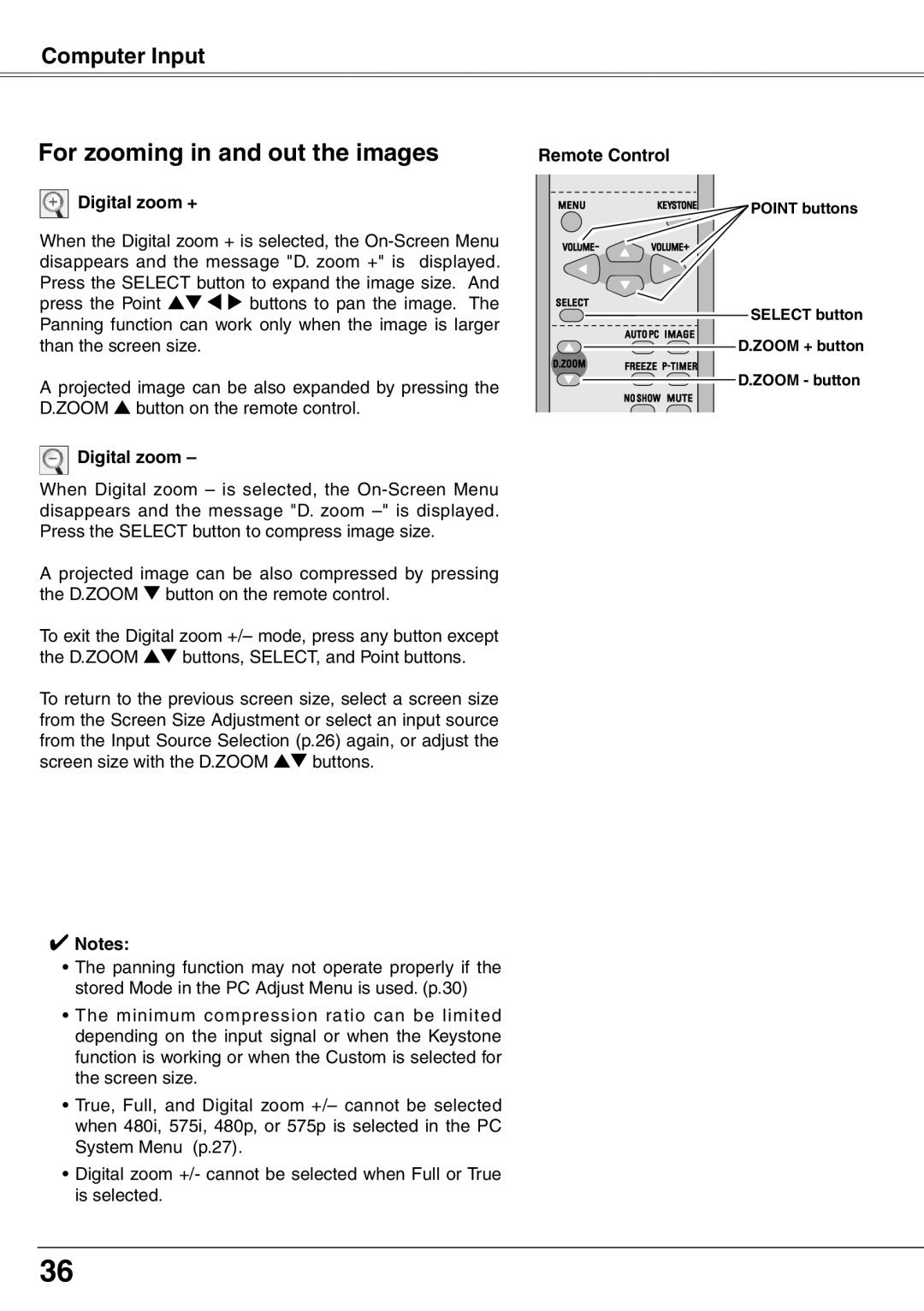 Eiki LC-XD25 owner manual For zooming in and out the images, Digital zoom +, Zoom button 