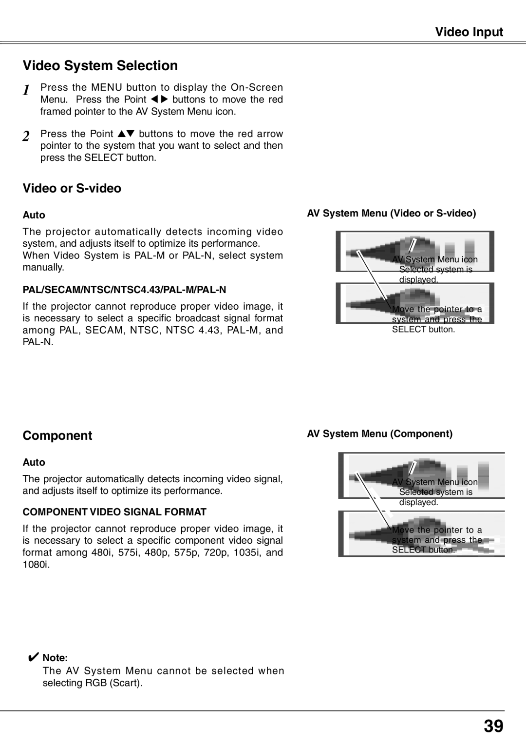 Eiki LC-XD25 owner manual Video System Selection, Auto, AV System Menu Video or S-video, AV System Menu Component 