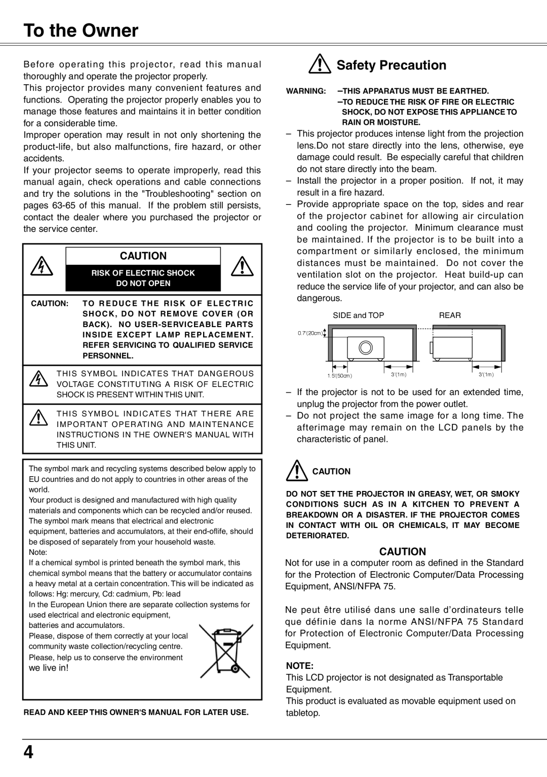 Eiki LC-XD25 owner manual To the Owner, Risk of Electric Shock Do not Open 