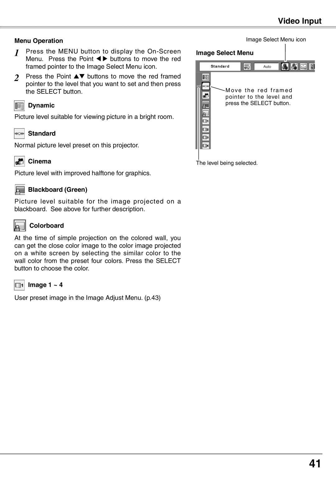 Eiki LC-XD25 owner manual User preset image in the Image Adjust Menu. p.43 