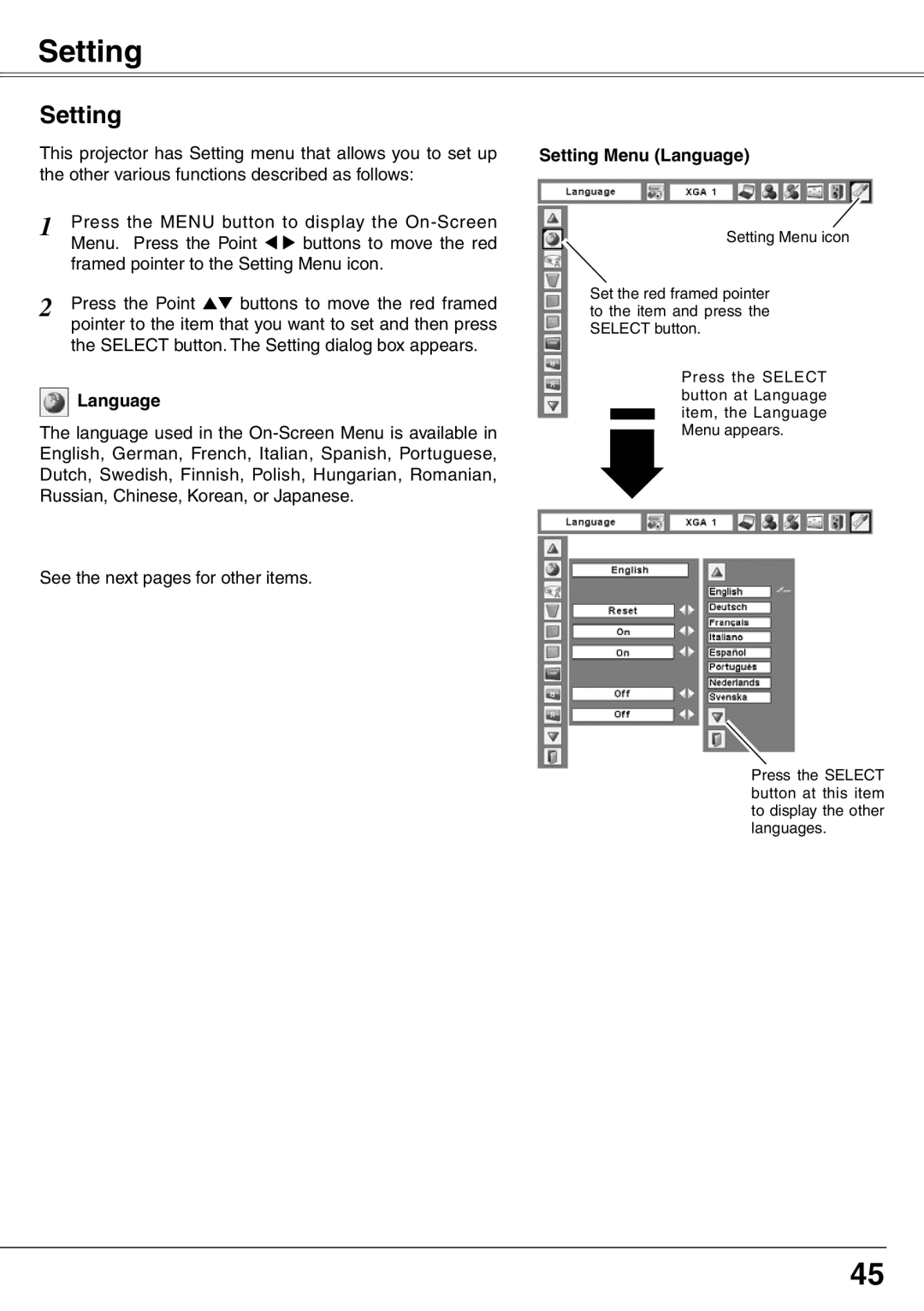 Eiki LC-XD25 owner manual Setting Menu Language 