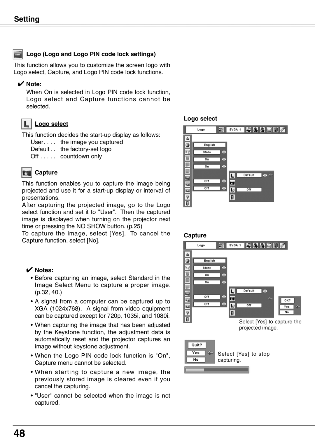 Eiki LC-XD25 owner manual Logo Logo and Logo PIN code lock settings, Logo select Capture 