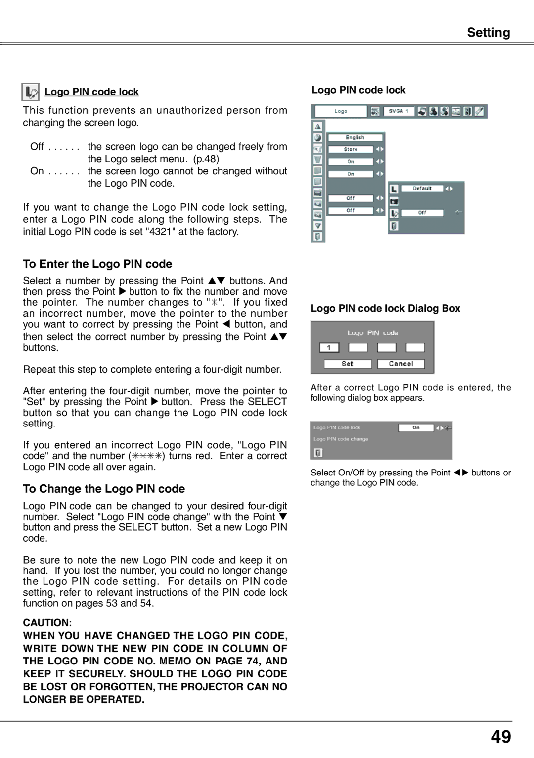 Eiki LC-XD25 owner manual Logo PIN code lock Logo PIN code lock Dialog Box 