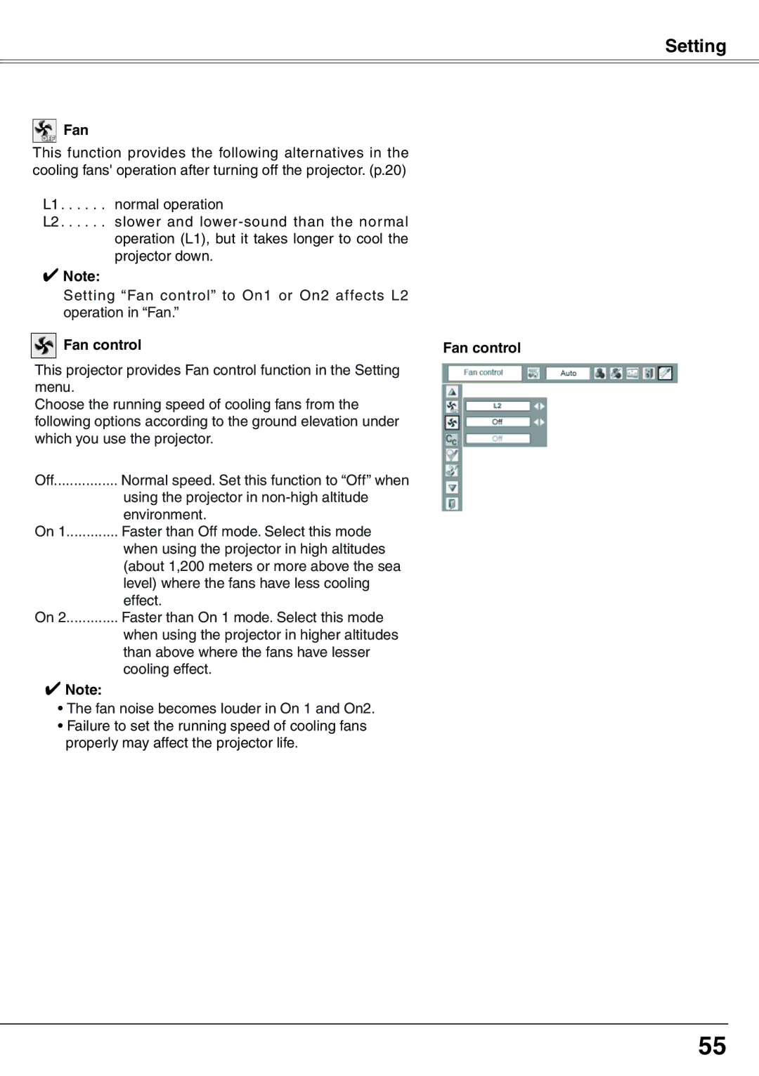 Eiki LC-XD25 owner manual Fan control 