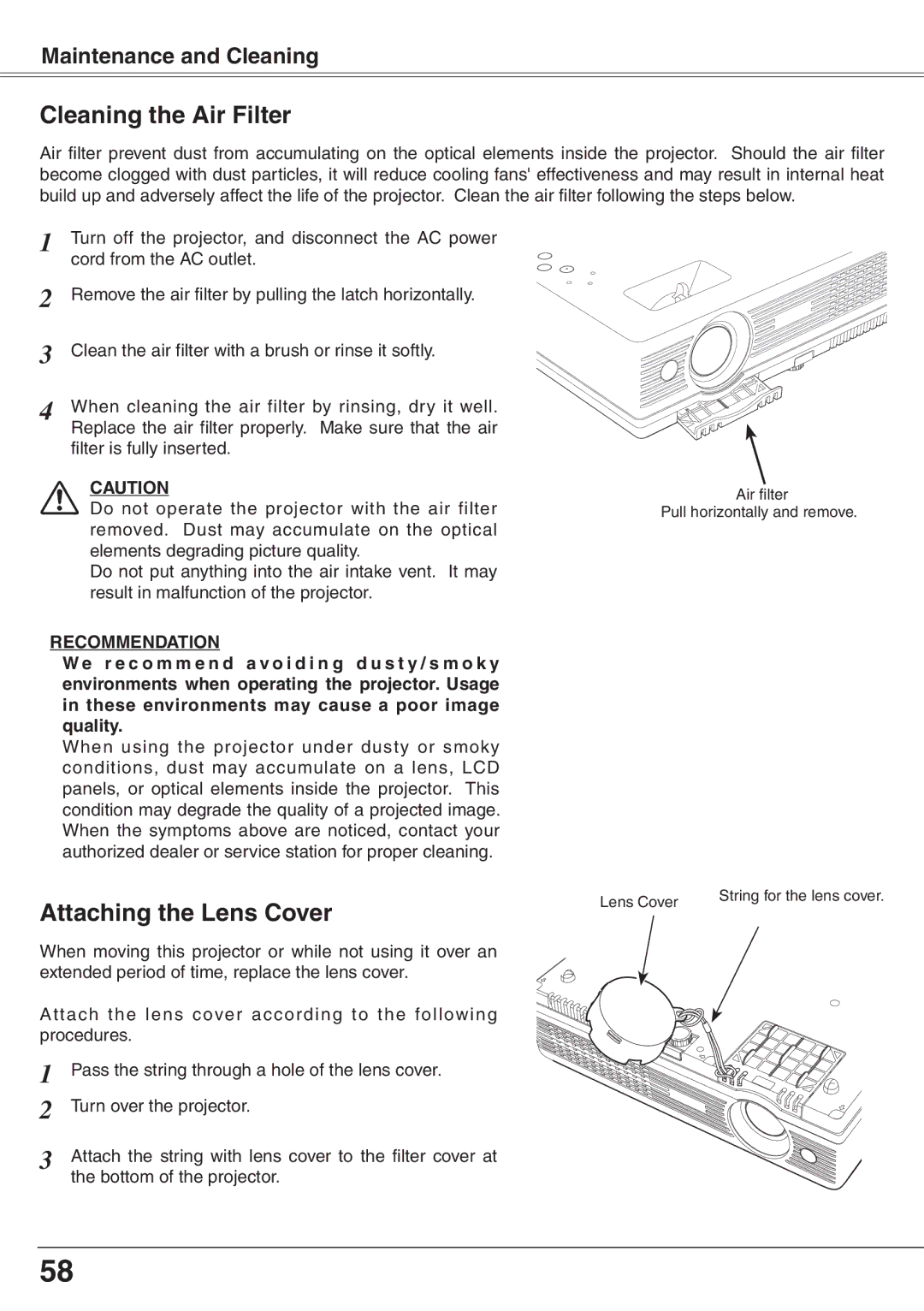 Eiki LC-XD25 owner manual Cleaning the Air Filter, Attaching the Lens Cover 