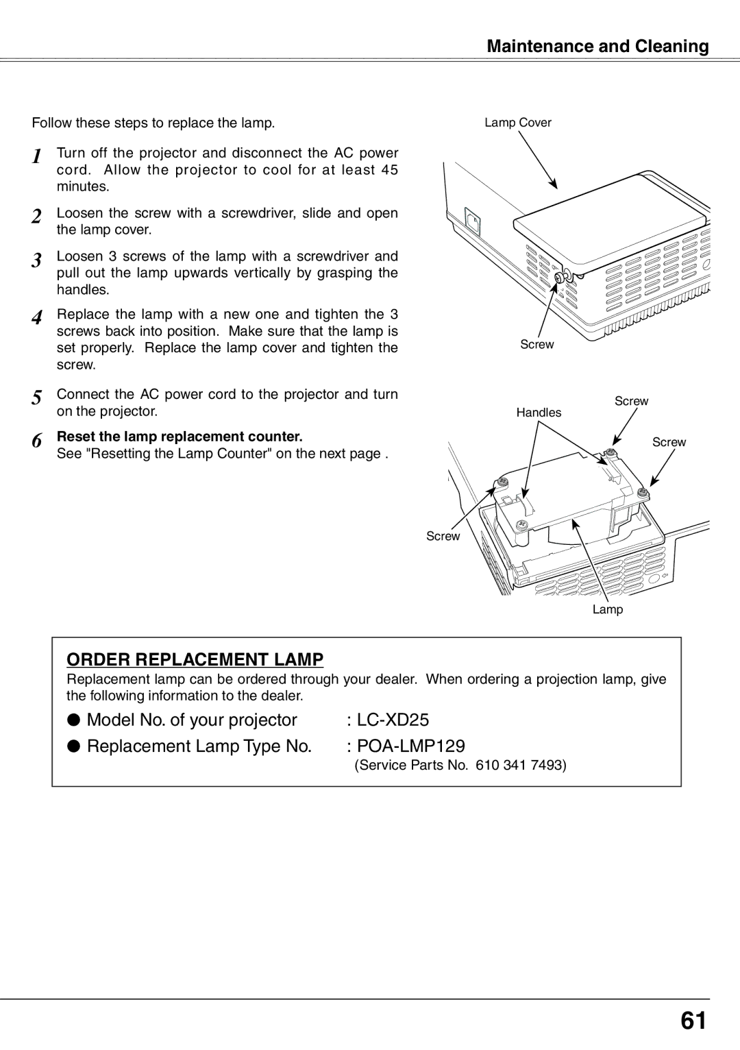 Eiki LC-XD25 owner manual Order Replacement Lamp, Reset the lamp replacement counter 