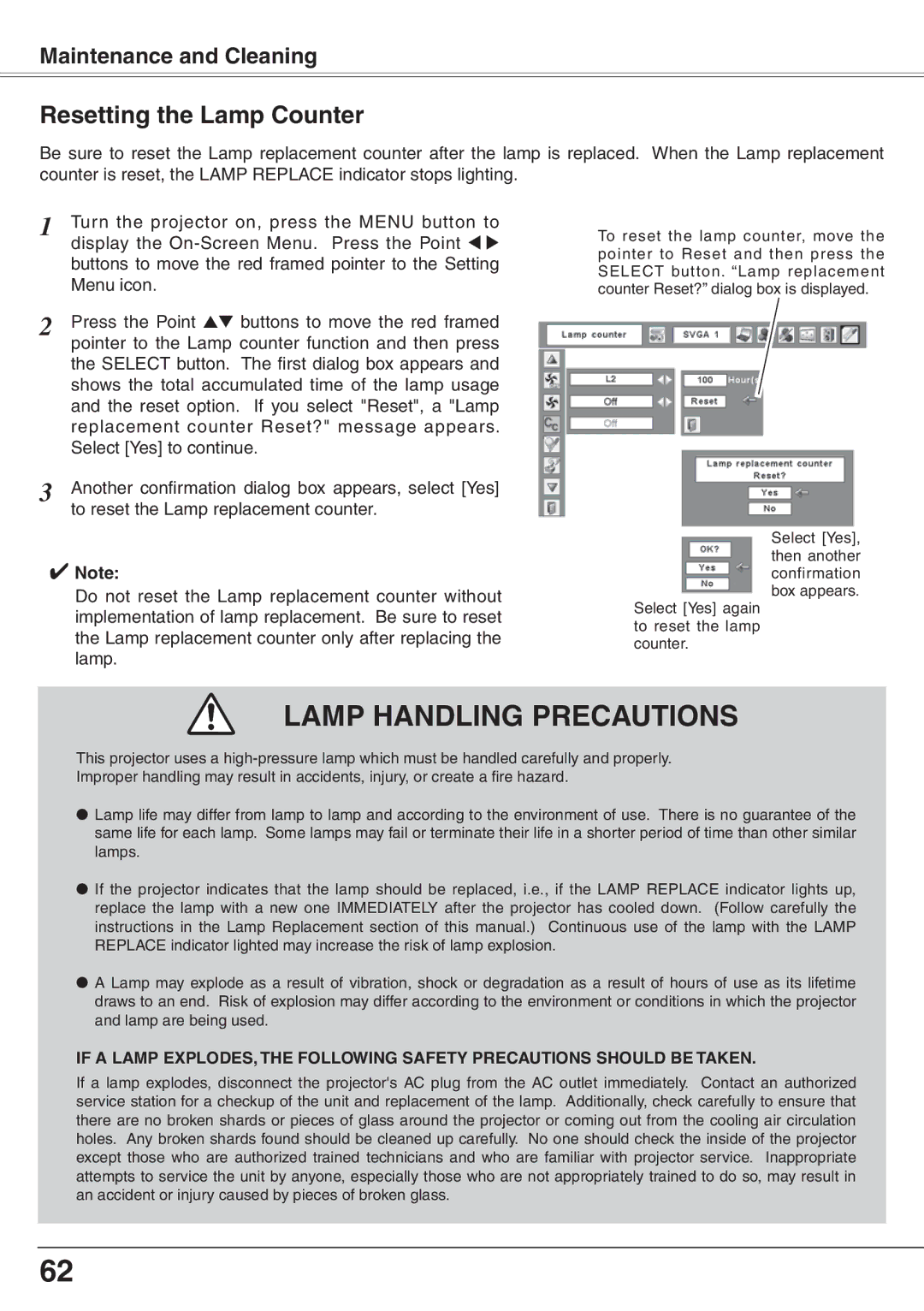 Eiki LC-XD25 owner manual Lamp Handling Precautions, Resetting the Lamp Counter 